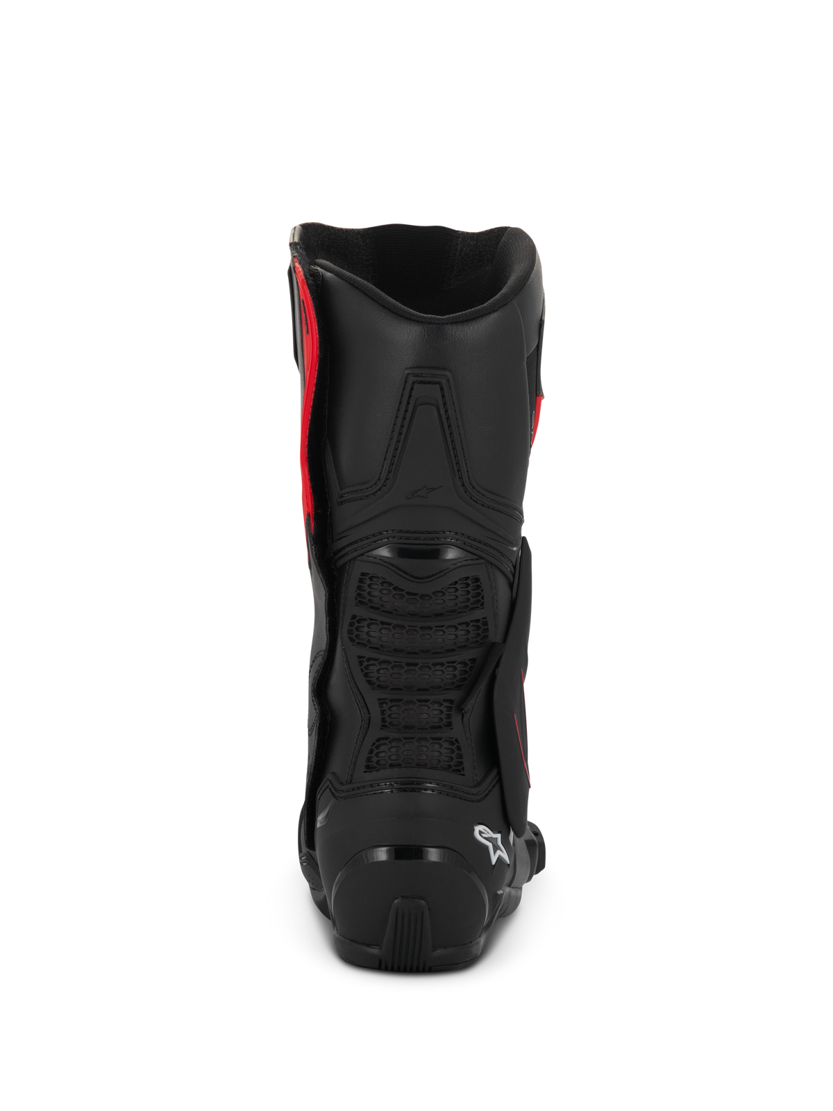 Alpinestars SMX-6 V3 Drystar®-stövlar, svarta och röda, vy bakifrån som visar TPU-hälskydd och vadskydd, prestandastövlar för motorcykelkörning med vattentät mikrofiberkonstruktion