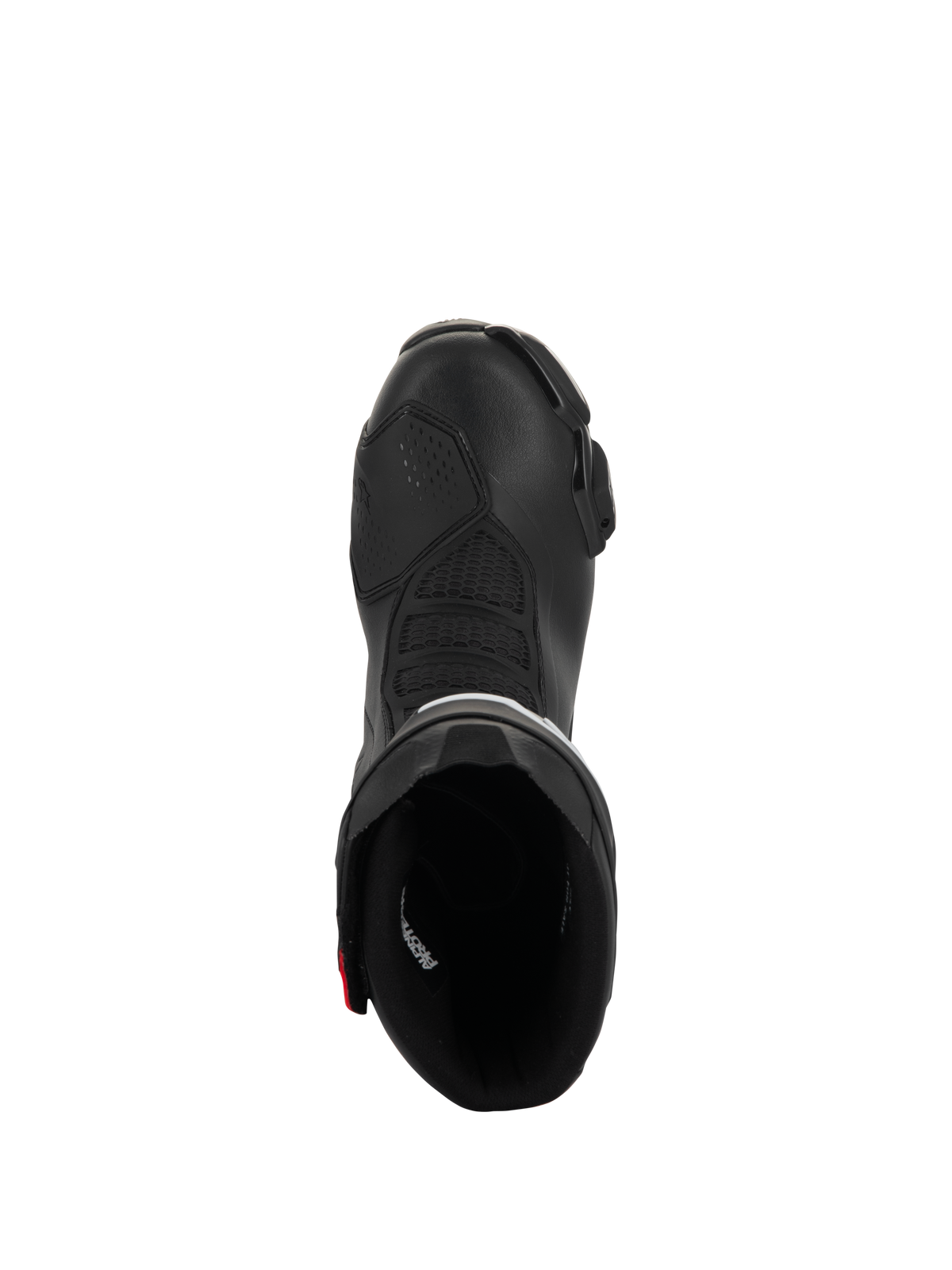 Alpinestars SMX-6 V3 Drystar-stövlar, prestandastövlar för motorcykel, svarta med röda detaljer, vy uppifrån som blickar ner i stövelöppningen, med texturerade flexzoner och mikrofiberkonstruktion