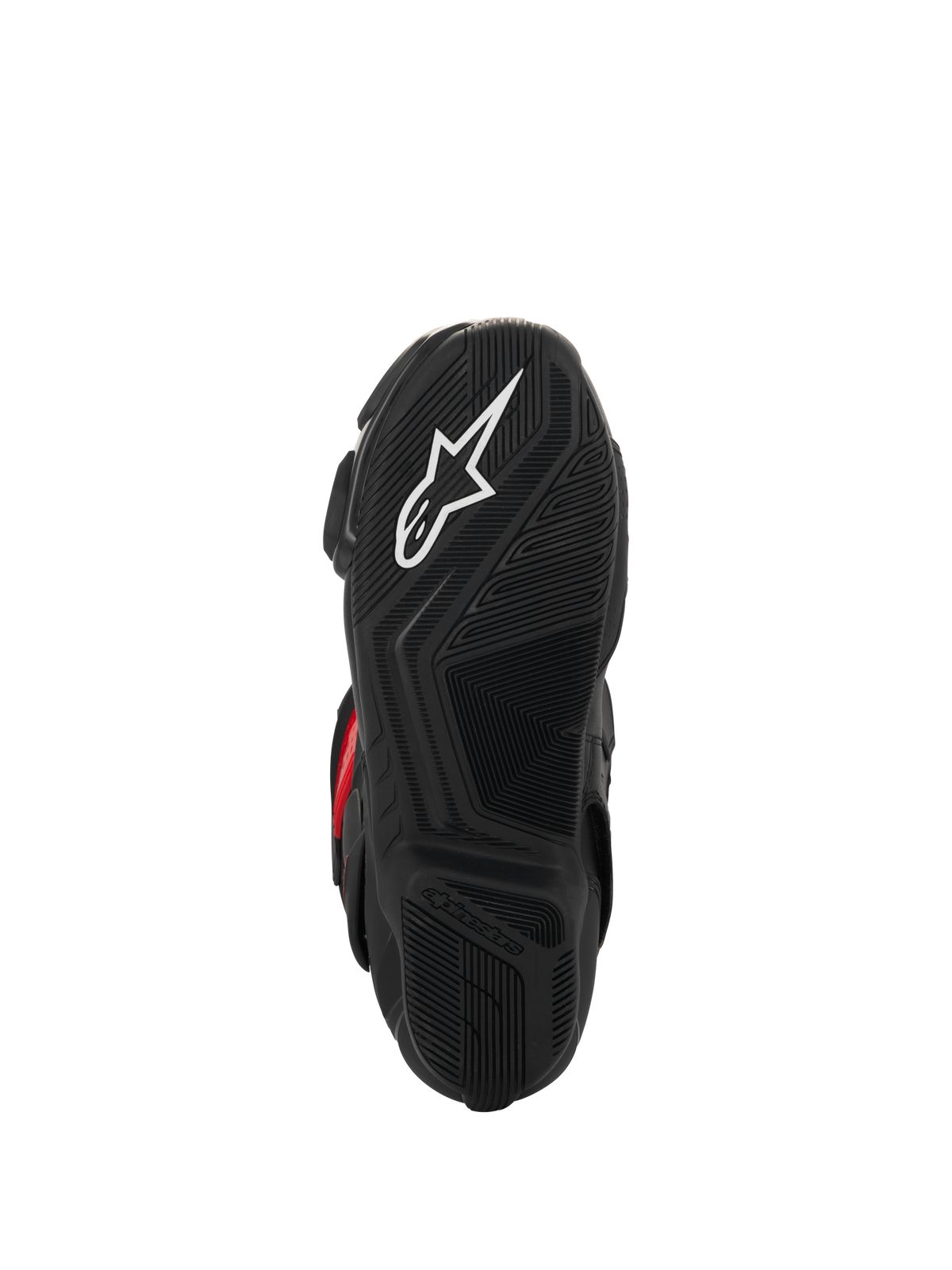 Alpinestars SMX-6 V3 Drystar®-stövlar, vy av sulans undersida, svart mönstrat gummi för bra grepp, med en vit stjärnlogotyp och präglad Alpinestars-logotyp, prestanda-motorcykelstövlar.