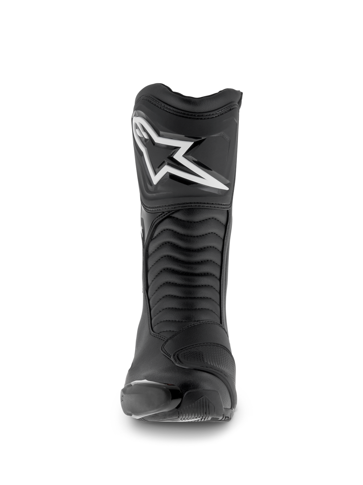 Alpinestars SMX S Waterproof-stövlar, motorcykelstövlar, svarta, vy framifrån med vit Astar-logotyp på skenbensplattan, dragspelsformade flexpaneler och hållbar mikrofiberkonstruktion för sport-touring.