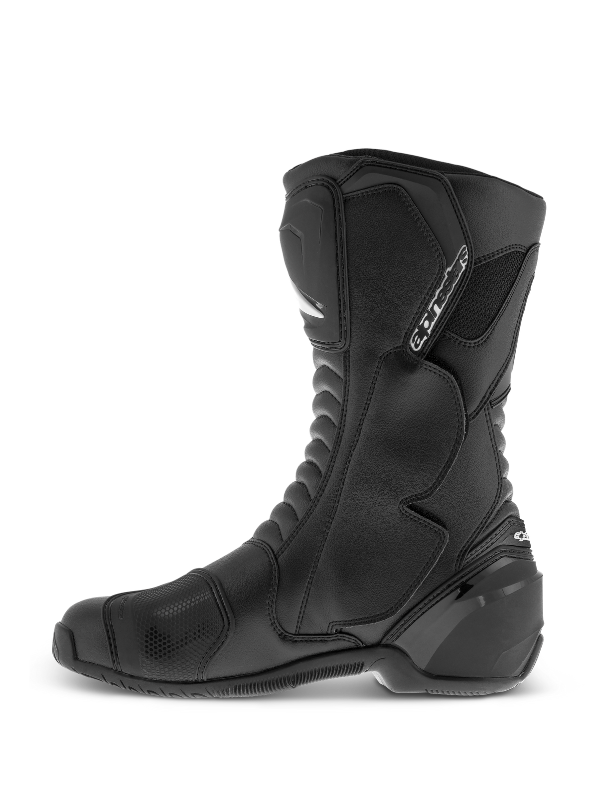 Alpinestars SMX S Waterproof-stövlar, svarta, höga motorcykelstövlar med en slitstark ovandel i mikrofiber, TPU-skydd för skenben och ankel, samt texturerad växelplatta, profilvy från sidan.