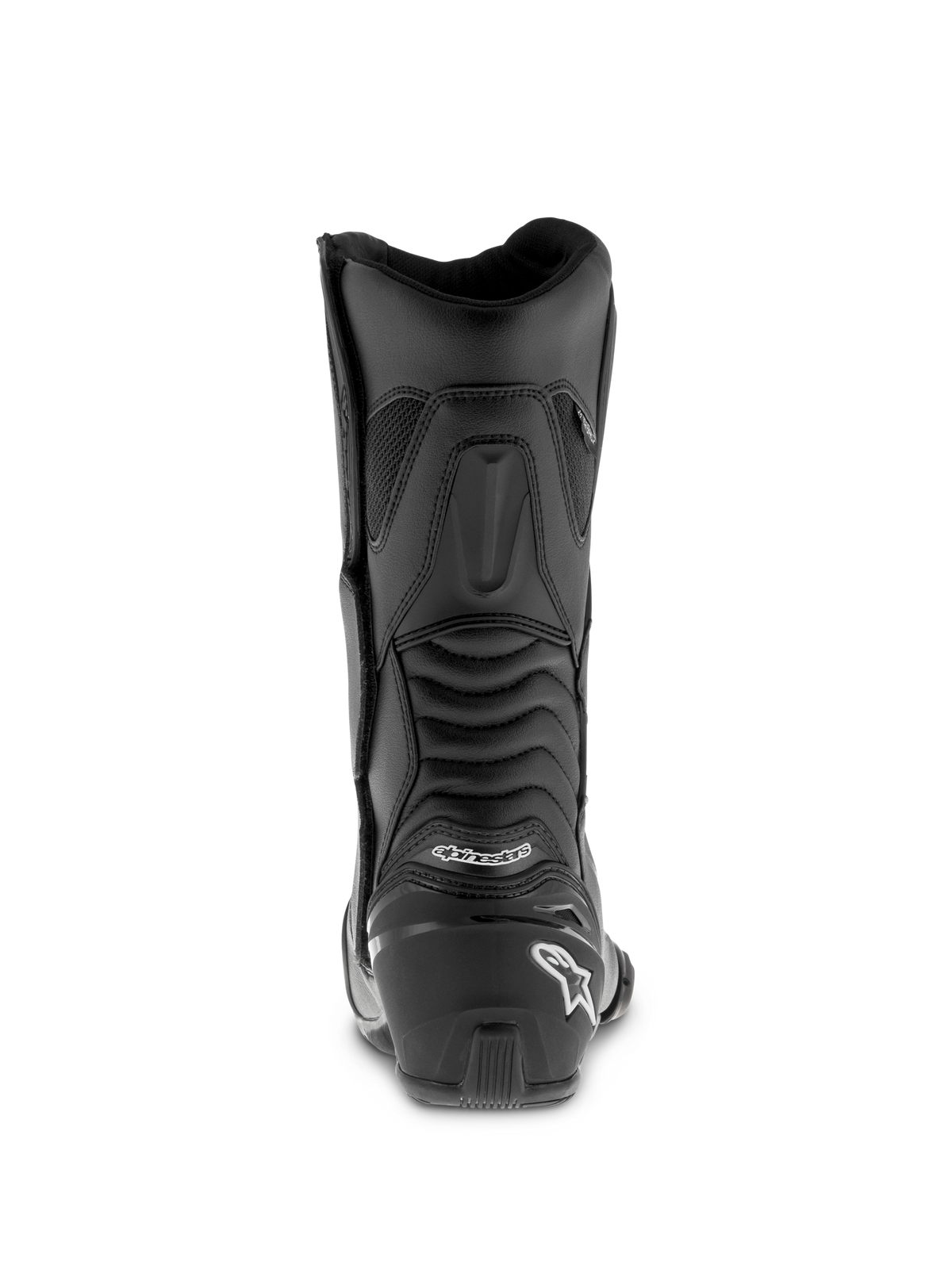 Alpinestars SMX S Waterproof Boots, svarta motorcykelstövlar, bakprofil med förstärkt hälkappa med vit logotyp, ribbade dragspelsflexpaneler för rörlighet, slitstark mikrofiberkonstruktion för sport-touring.