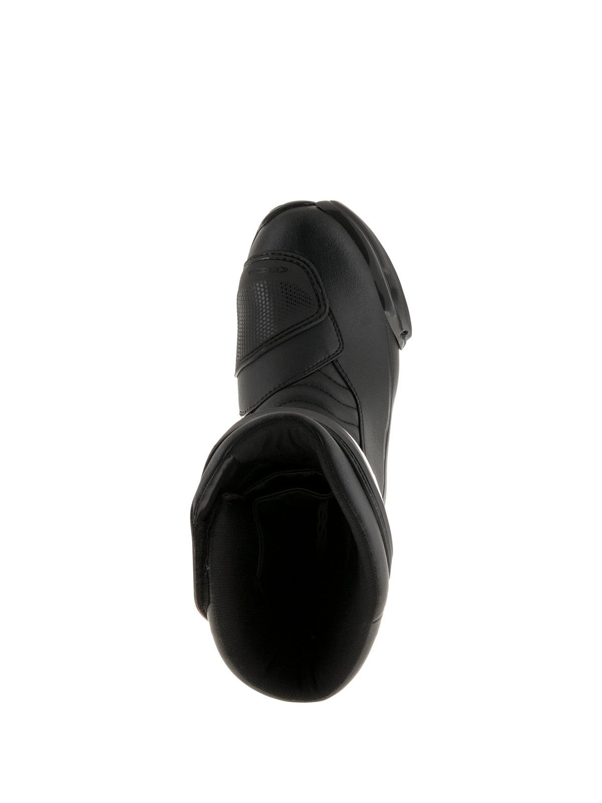 Alpinestars SMX S Waterproof-stövlar, svarta, vy uppifrån som visar den inre öppningen och ovandel i hållbar mikrofiber, motorcykelstövlar för sport-touring