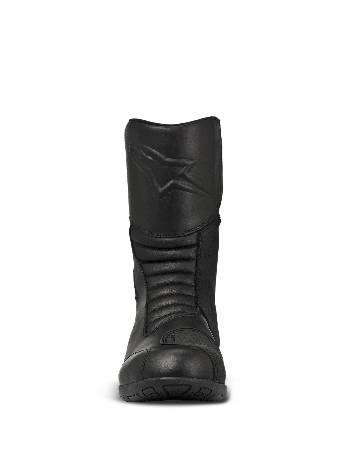 Alpinestars Web GORE-TEX stövlar, svarta touringstövlar för motorcykel, vy framifrån med en präglad stjärnlogotyp på smalbenet, dragspelsliknande flexzoner för rörlighet och hållbar läderkonstruktion.