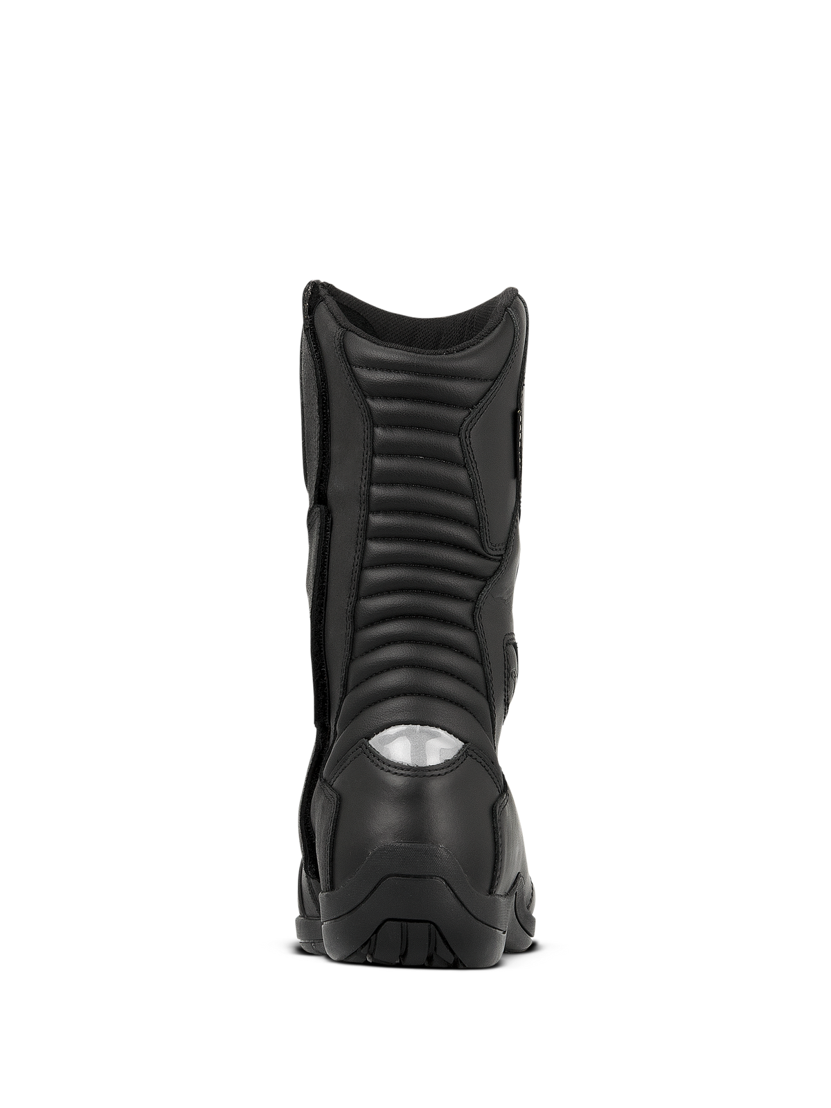 Alpinestars Web GORE-TEX Boots, vattentäta touringstövlar för motorcykel, svarta, vy bakifrån med räfflade dragspelsliknande flexzoner och en reflekterande hälinsats för synlighet i mörker, slitstark läderkonstruktion med en robust sula