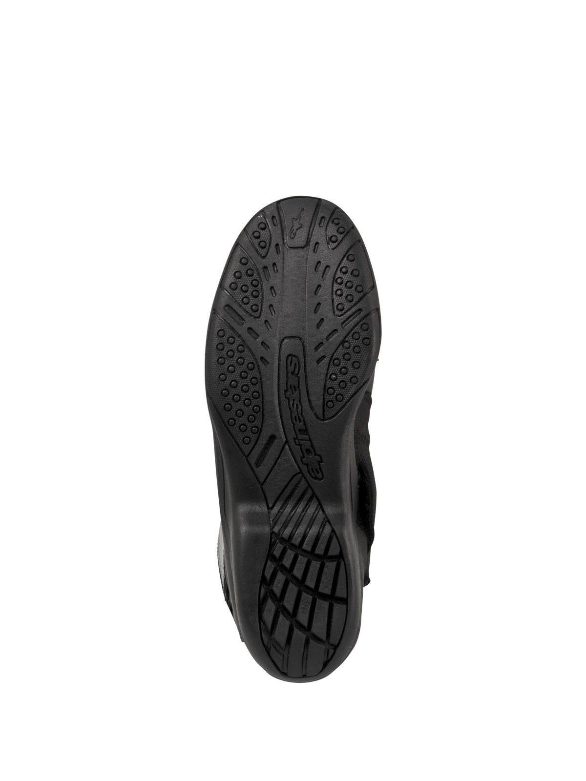 Alpinestars Web GORE-TEX stövlar, motorcykelstövlar för touring, svarta, vy underifrån av sulan med mönstrat gummigrepp och Alpinestars-branding
