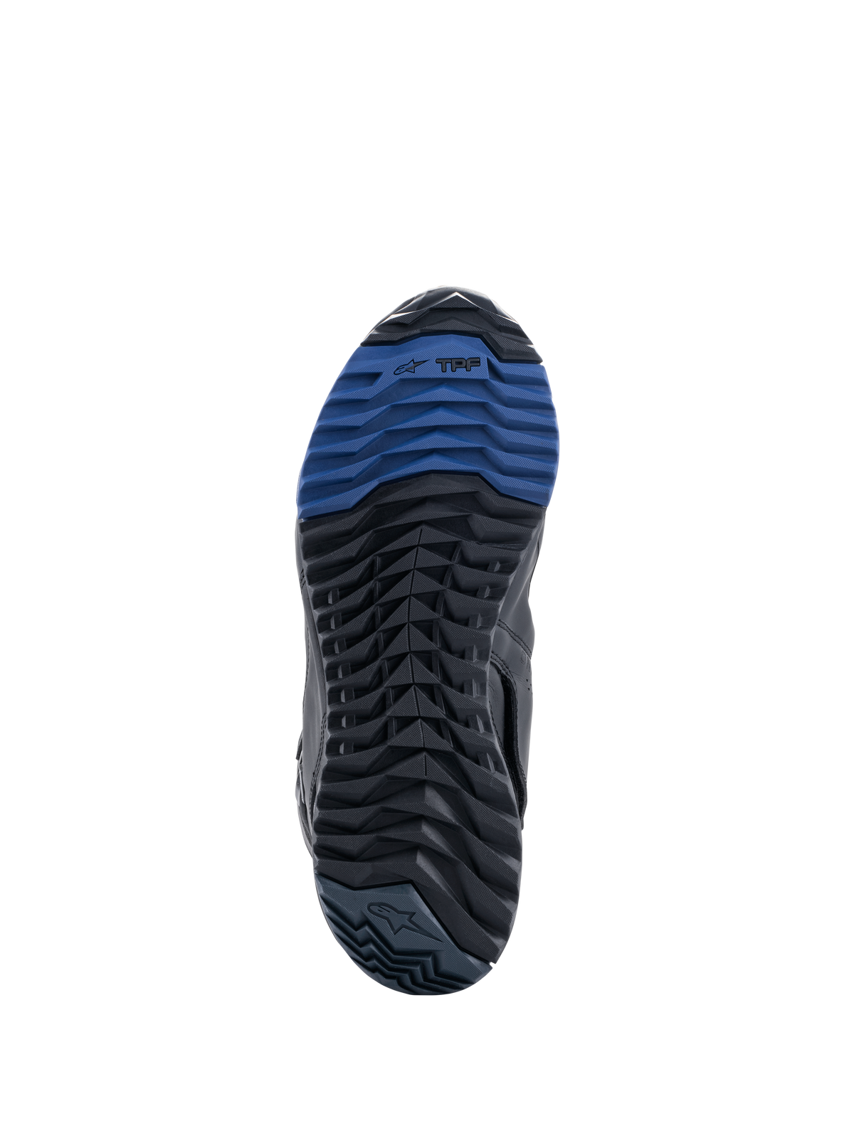 Alpinestars RT-8 GORE-TEX Boots, sole view showing black and blue rubber outsole, featuring a rugged lug pattern and TPF branding, designed for traction and walking comfort on adventure touring terrain.