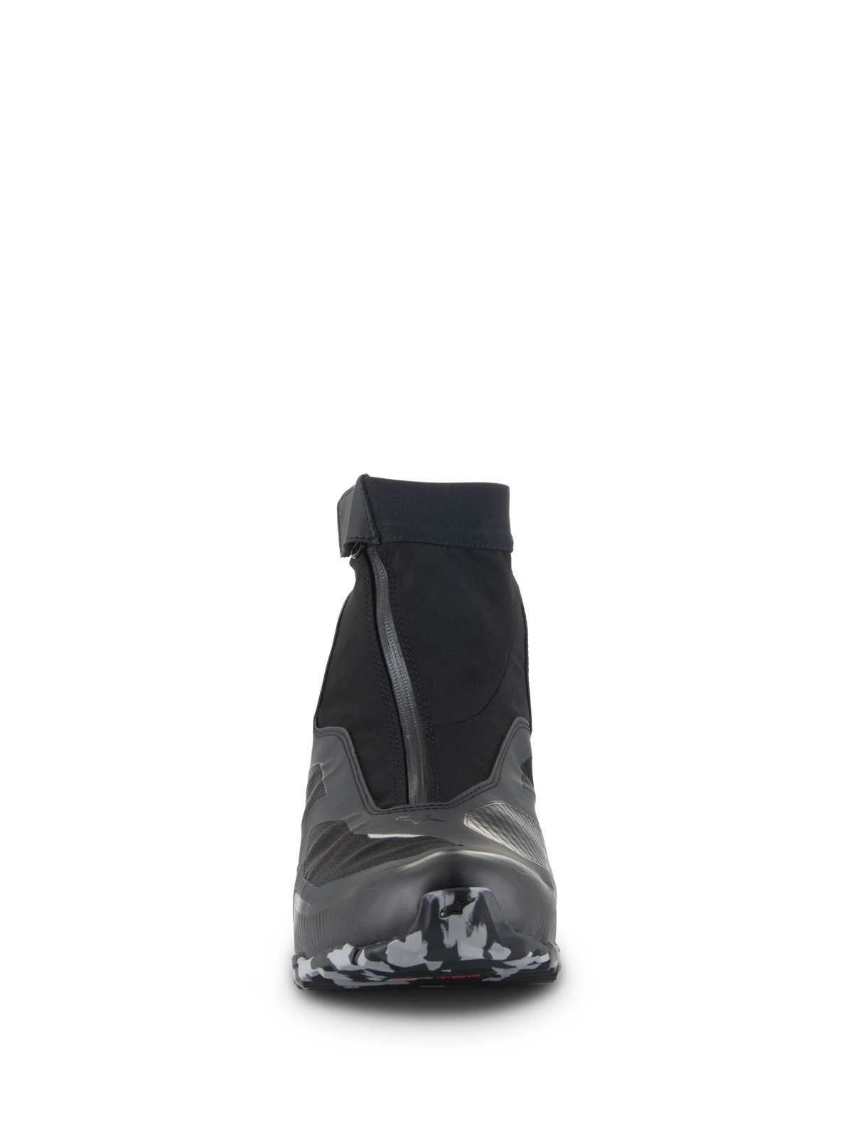 Alpinestars CR-8 GORE-TEX-skor, vy framifrån, svarta och mörkgrå, hög motorsko med vinklad vattentät dragkedja, elastisk krage och mönstrad sulspets, teknisk touring-sko