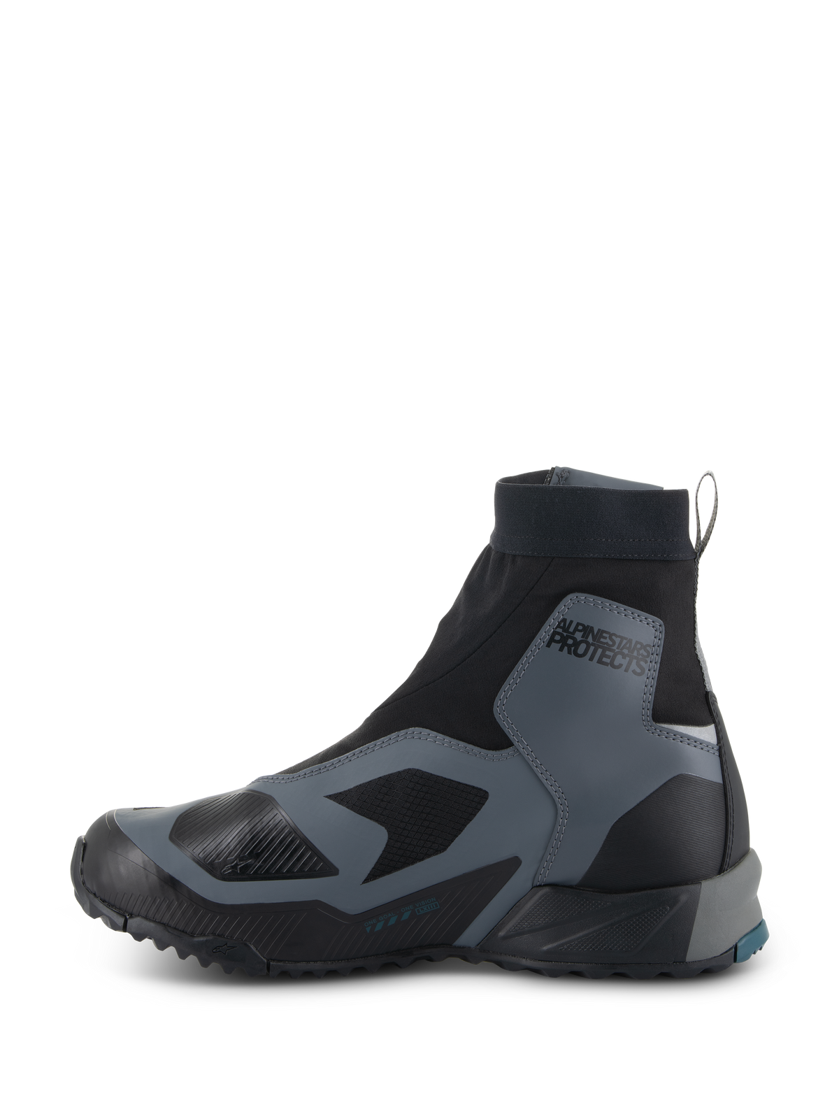 Alpinestars CR-8 GORE-TEX-skor, motorcykelskor, svarta och mörkgrå, profilvy som visar högskuren stretch-innersko, skyddande förstärkningar, 'ALPINESTARS PROTECTS'-märkning på ankeln och en hållbar gummisula, vattentäta och ventilerande för adventure-touring.