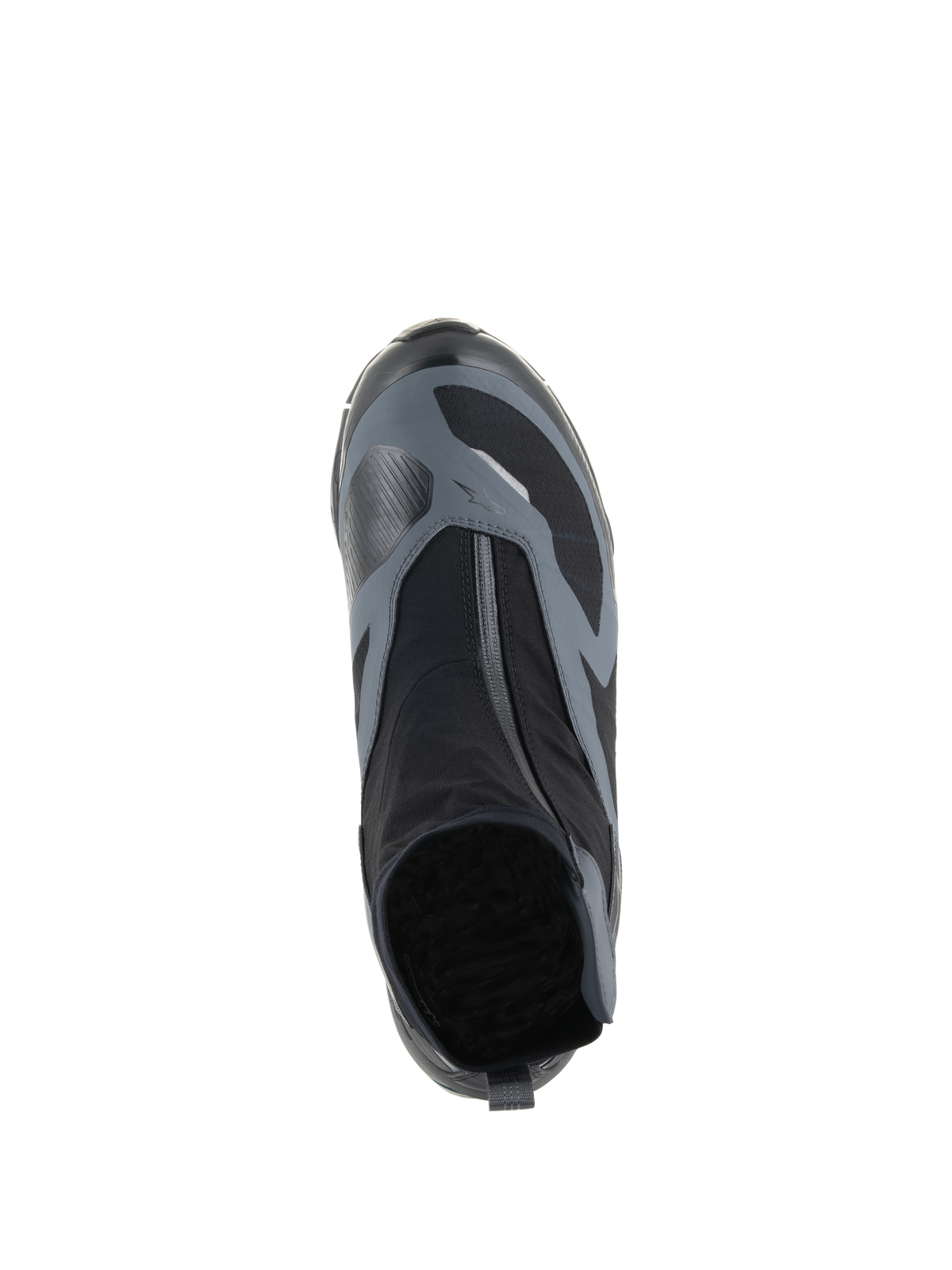 Alpinestars CR-8 GORE-TEX motorskor, svarta och mörkgrå, vy uppifrån som visar den vinklade vattentäta dragkedjan och den tekniska textilöverdelen, designade för adventure-touring