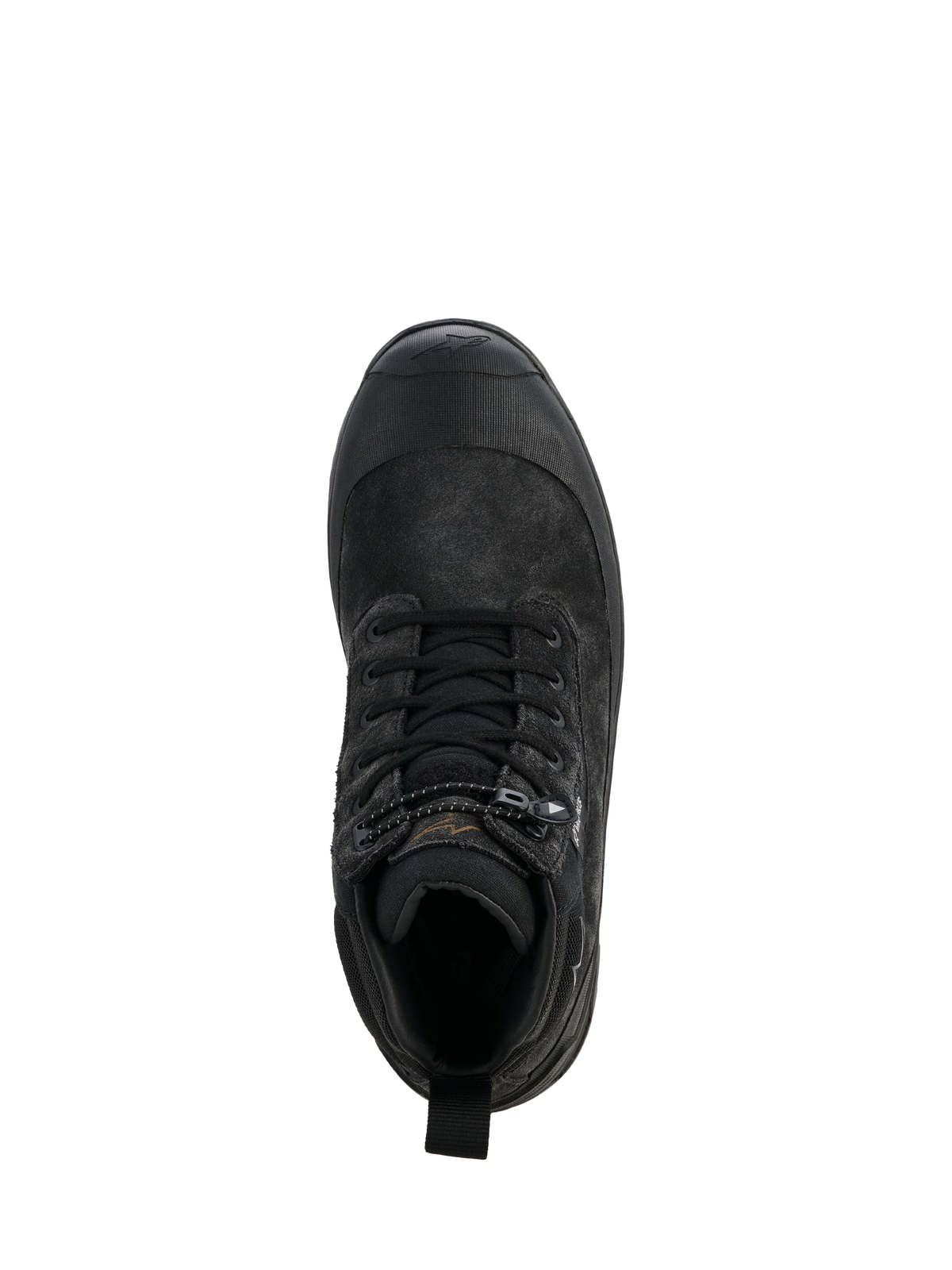Alpinestars Woman Judy Waterproof Boots, Black, top-down view of a single motorcycle boot, combat-inspired design with laces and drawstring toggle closure, rubberized toe protection, durable leather and textile construction for road riding