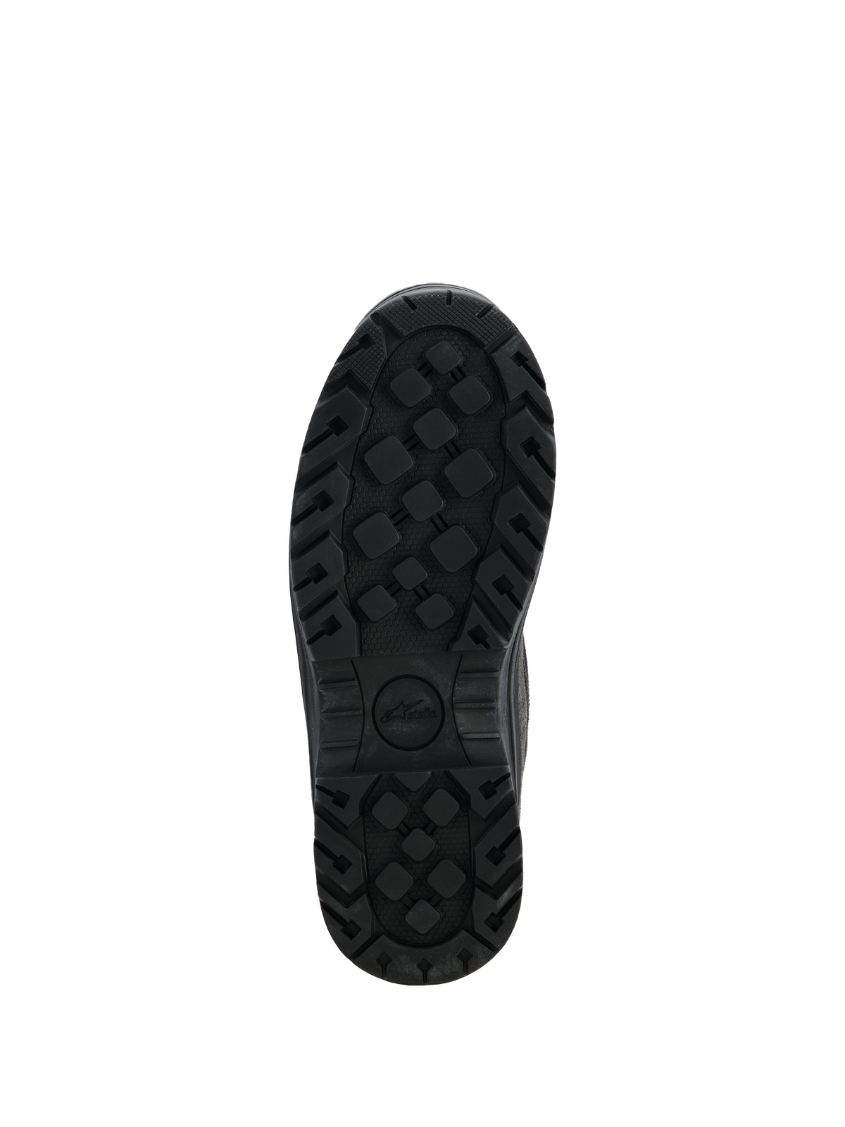 Alpinestars Woman Judy Waterproof Boots, Black motorcycle boots, bottom view of the rugged rubber outsole, textured tread pattern for enhanced grip and durability, featuring the Stella logo
