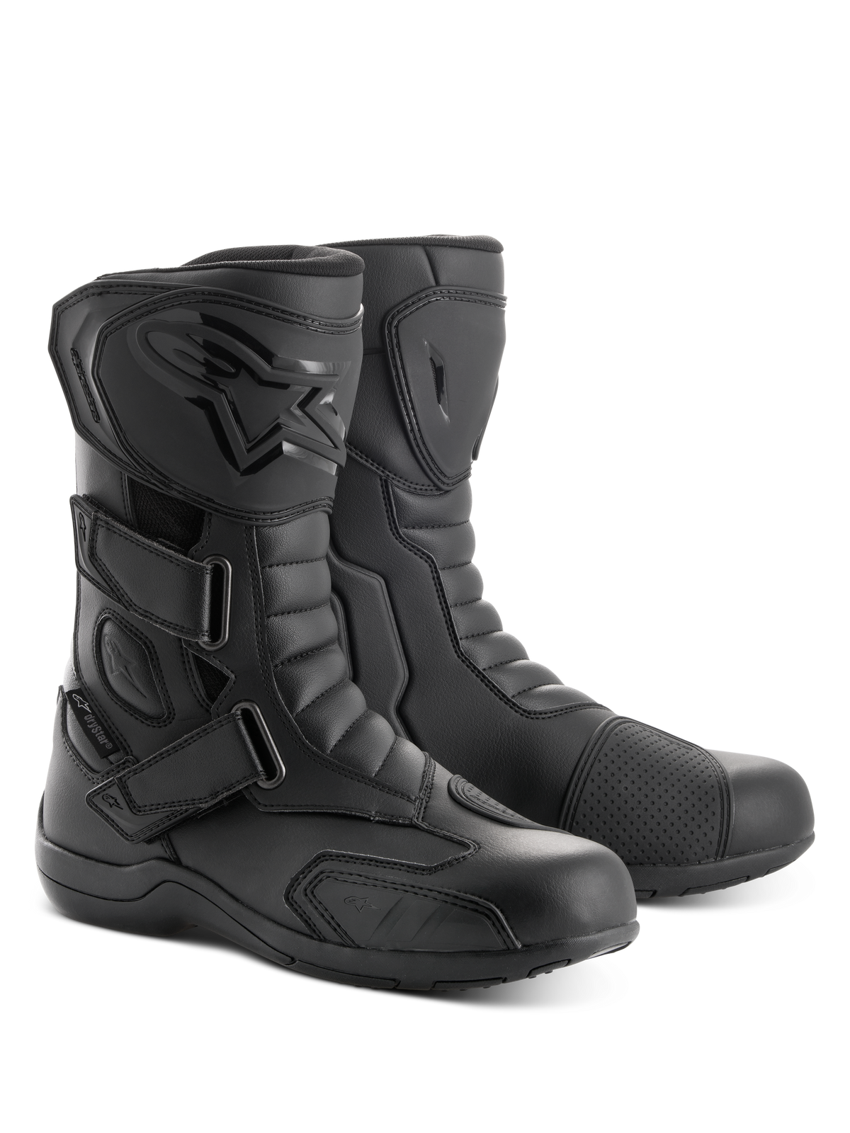 Alpinestars Radon Drystar® Boots, Motorcycle Touring Boots, Black, featuring three adjustable hook-and-loop straps, TPU shin plate with embossed logo, and reinforced shift pad, durable microfiber construction for road and adventure riding