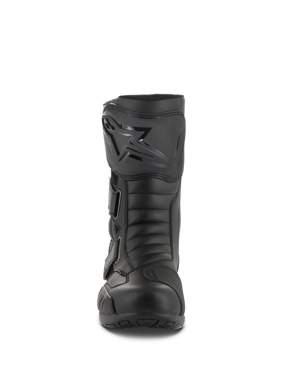 Alpinestars Radon Drystar® Boots, Waterproof Touring Motorcycle Boots, Black, front-facing view showing the shin plate with Alpinestars logo, adjustable straps, and reinforced toe box