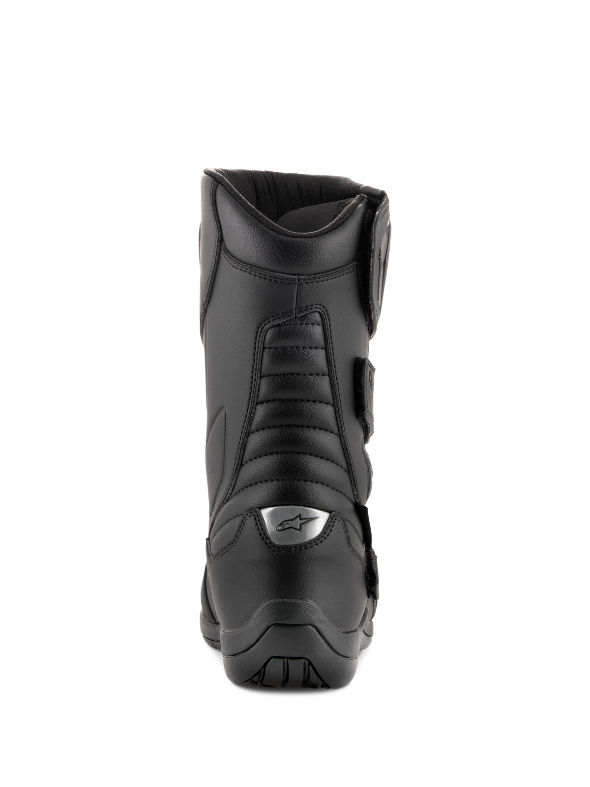 Alpinestars Radon Drystar® Boots, Black, Motorcycle Touring Boots, Rear view featuring accordion flex zones and silver logo on the heel, durable microfiber construction