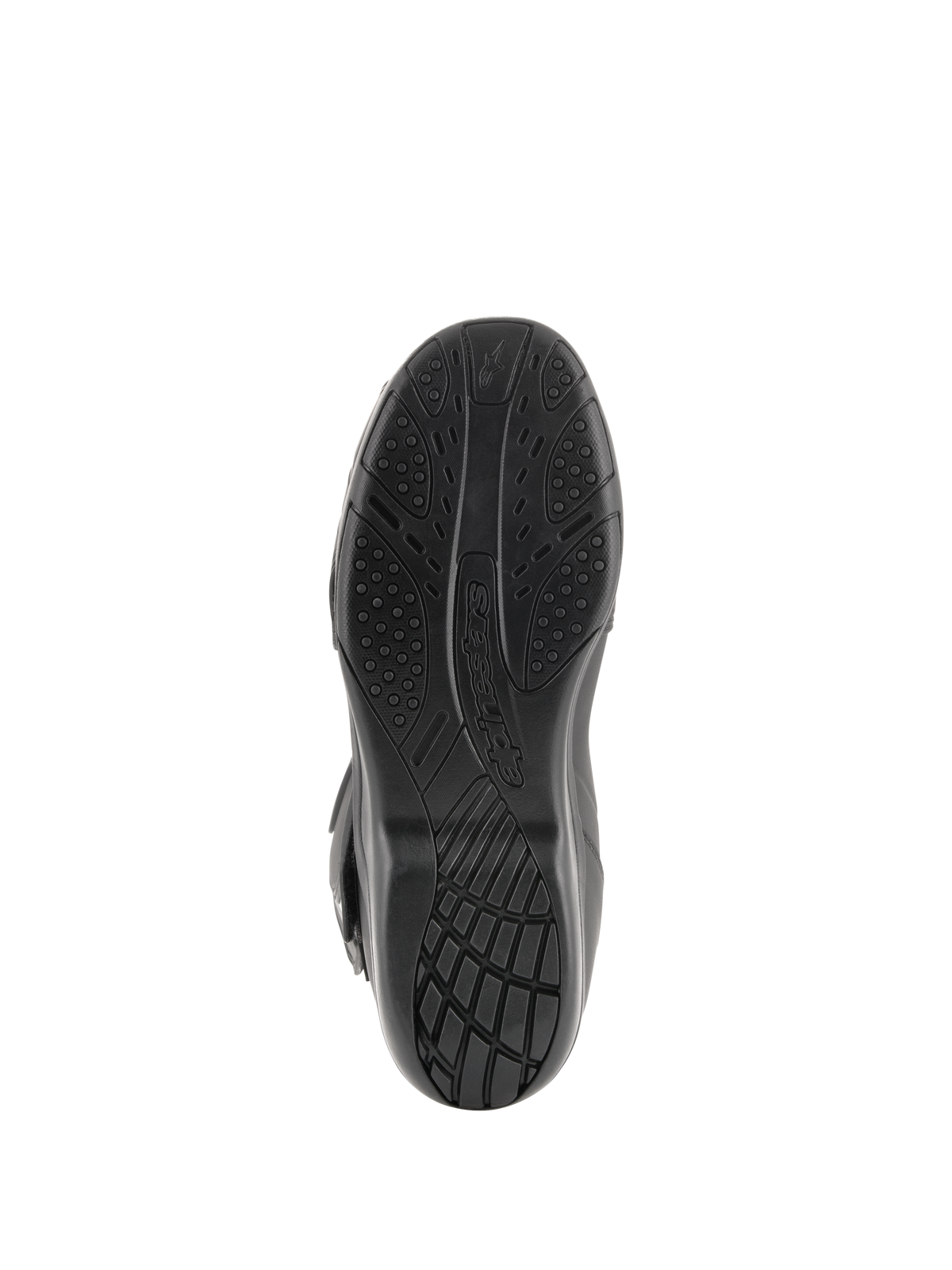 Alpinestars Radon Drystar® Boots, Motorcycle Touring Boots, Bottom View of Black Vulcanized Compound Sole featuring textured grip patterns and Alpinestars branding.
