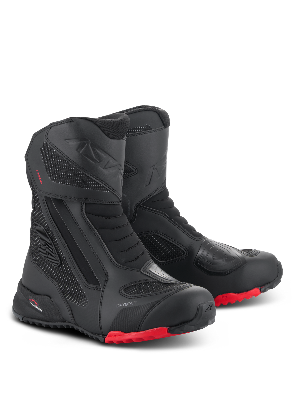 Alpinestars RT-7 Drystar-stövlar, motorcykelstövlar för touring, svarta och röda, med vattentätt Drystar-membran, hållbar konstruktion i textil och mikrofiber, röda grovmönstrade sulor och skyddande förstärkta områden för äventyr i all terräng