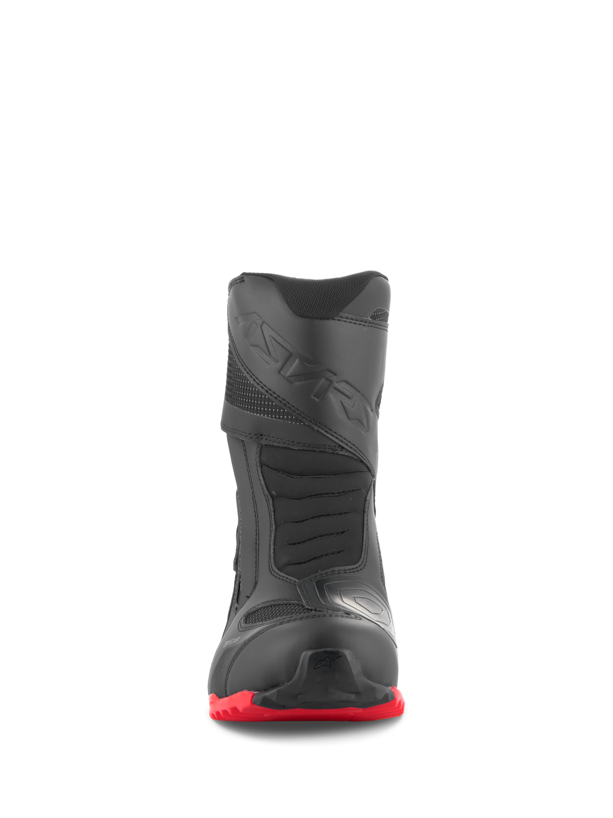 Alpinestars RT-7 Drystar®-stövlar, touringstövlar för motorcykel, svarta och röda, sedda framifrån, med förstärkt tåbox, 3D-printad växelplatta och en klarröd grovmönstrad sula, vattentät design för äventyrskörning