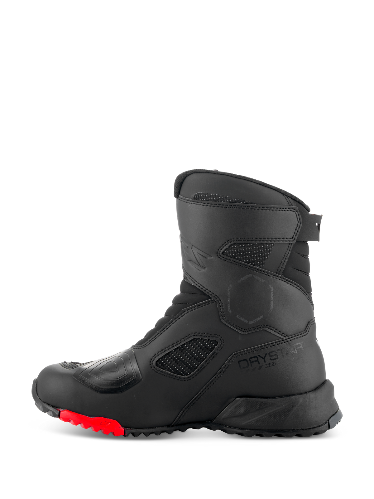 Alpinestars RT-7 Drystar®-stövlar, touringstövlar för motorcykel, svart och röd, profilvy från sidan med Drystar-logotyp, förstärkt växelplatta och slitstark grovmönstrad sula med röda accenter för äventyrskörning.