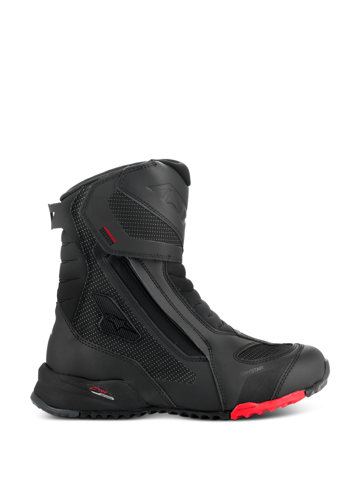Alpinestars RT-7 Drystar stövlar, motorcykelstövlar för touring, svarta med röd detalj på sulan, vattentäta med andningsförmåga, sidoprofil med dragkedja och kardborrestängning, texturerade textilpaneler med reflekterande prickar, robust mönstrad sula, avancerad syntetisk konstruktion