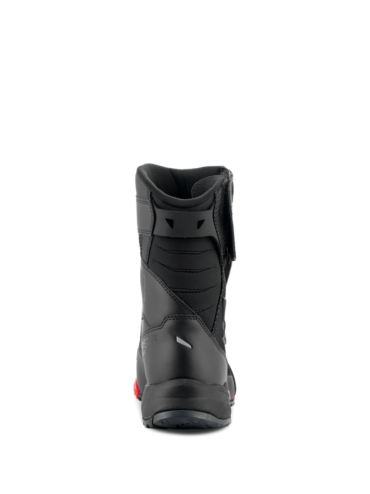 Alpinestars RT-7 Drystar®-stövlar, touringstövlar för motorcykel, svarta och röda, baksida som visar vadderad akillesbälg och smidig konstruktion, vattentäta skyddsskor för väg och äventyr