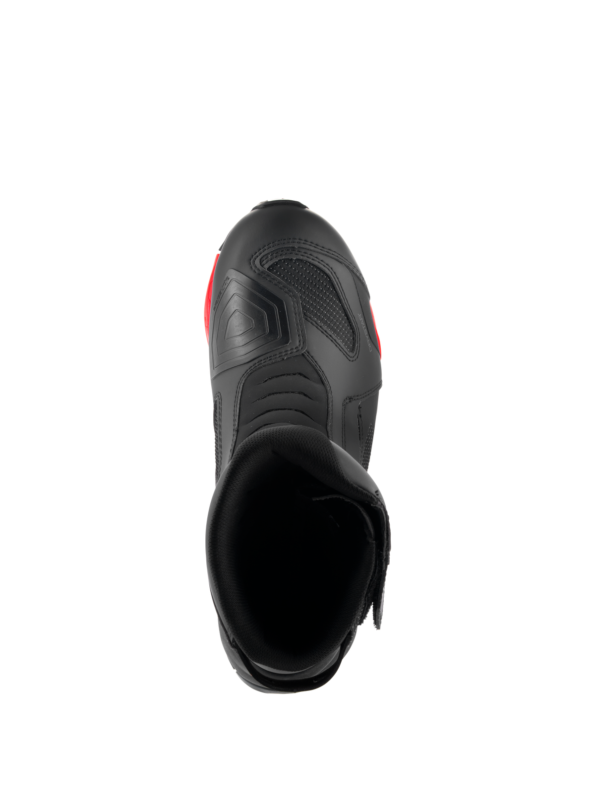 Alpinestars RT-7 Drystar®-stövlar, motorcykelstövlar för touring, svarta och röda, vy uppifrån som visar stövelns öppning, insida och texturerad växelplatta på tån