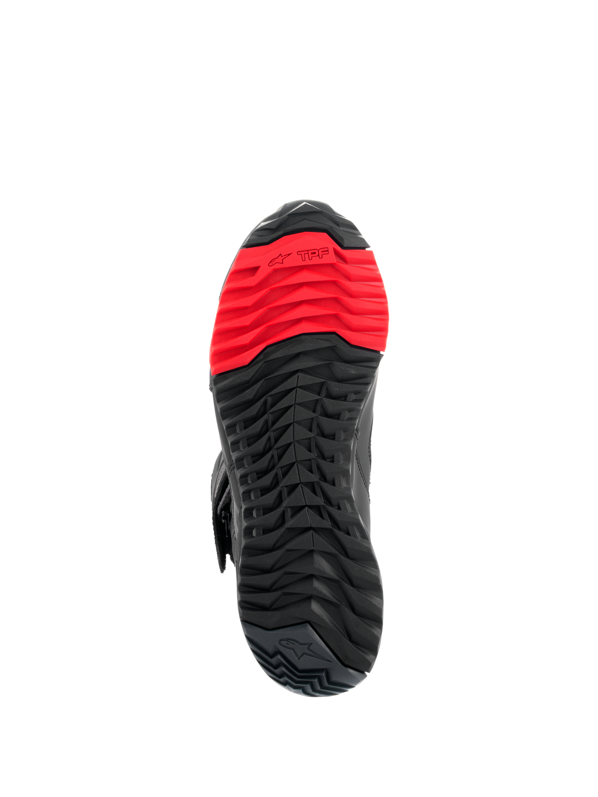Alpinestars RT-7 Drystar®-stövlar, vy av sula, robust svart och rött grovmönstrat sulmönster, med TPF (Transversal Protection Frame)-logotypen på framfoten, designade för komfort vid både körning och gång