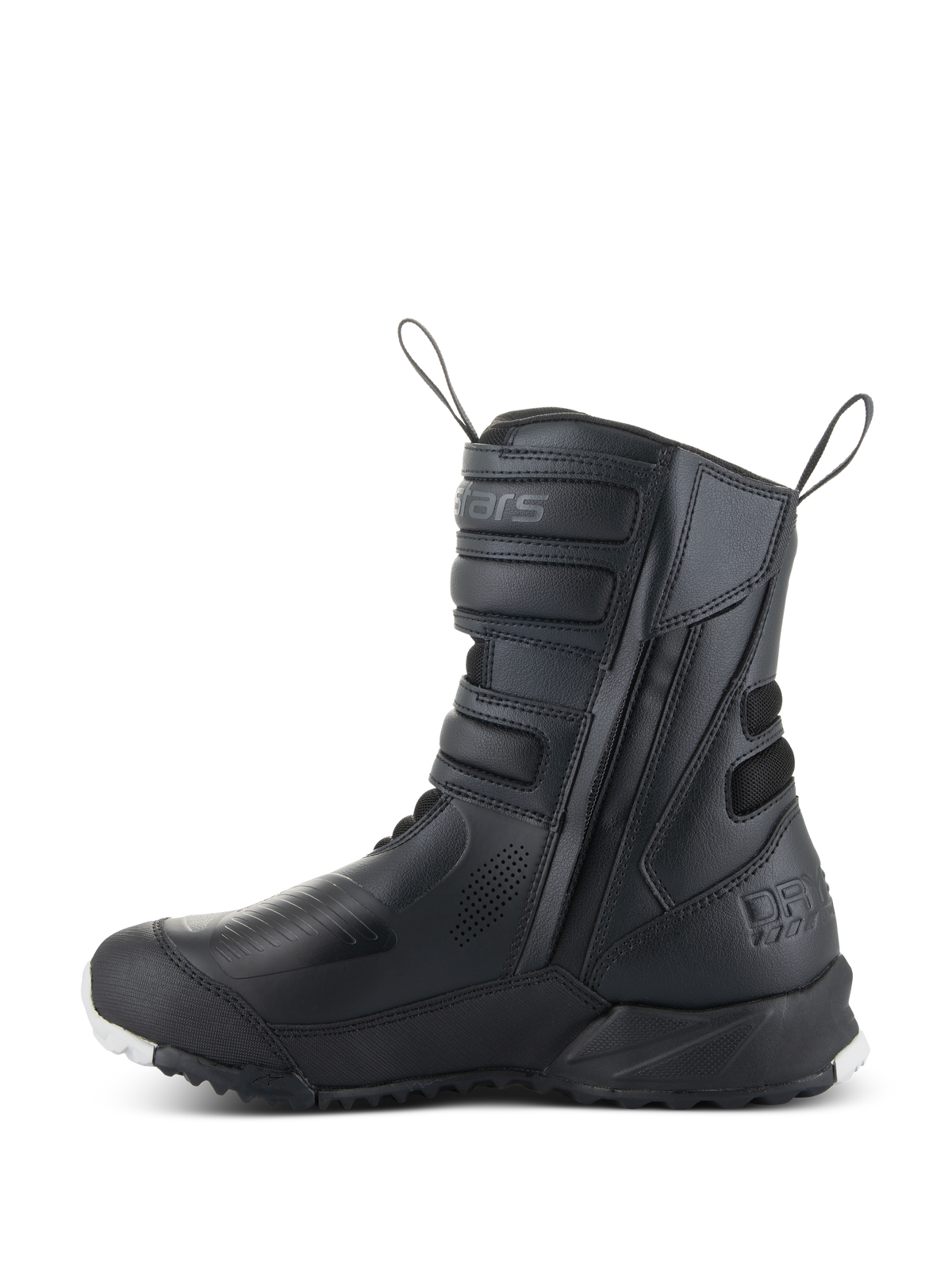Alpinestars Women Stella RT-7 Touring Drystar® Boots, Women's Motorcycle Touring Boots, Black, side profile view showing double-zip entry, Velcro strap adjusters, reinforced protection zones, and rugged sole for adventure riding