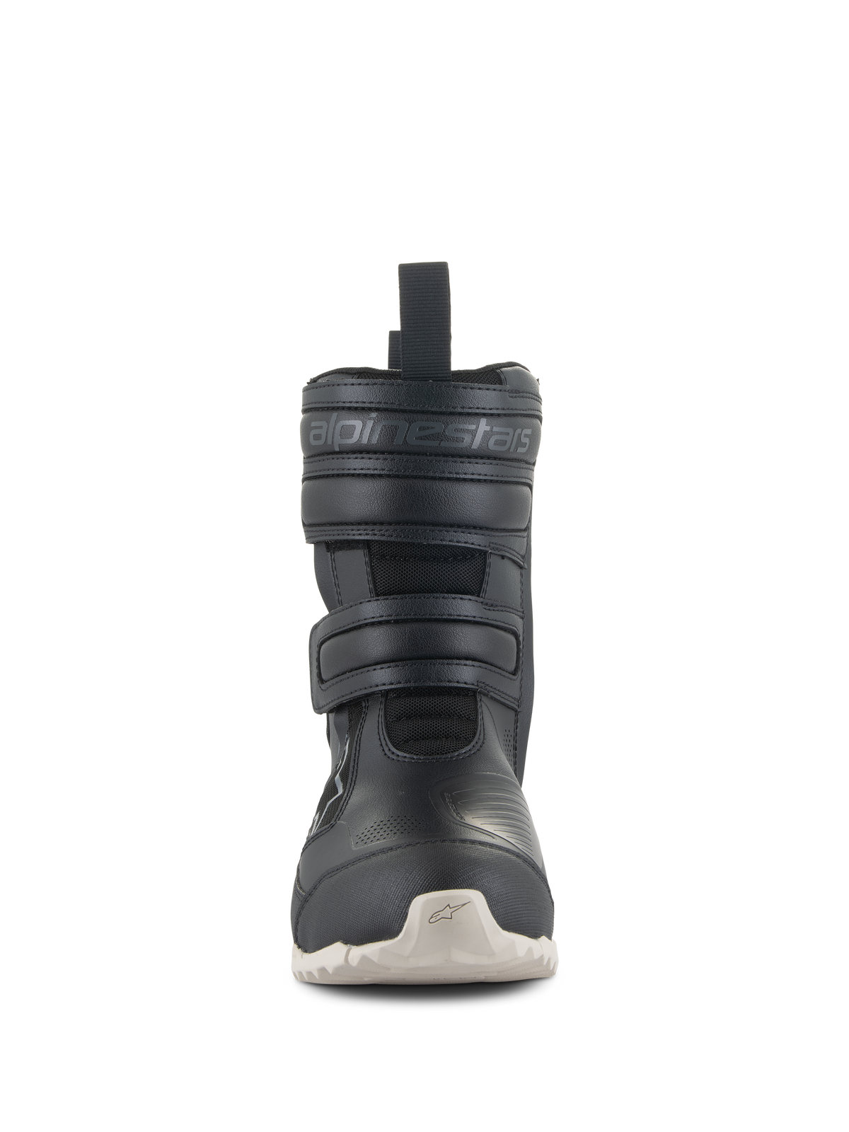 Alpinestars Women's Stella RT-7 Touring Drystar® Boots, black motorcycle touring boots with white sole, front view showing dual Velcro strap closures and embossed Alpinestars logo, technical design for road and adventure riding