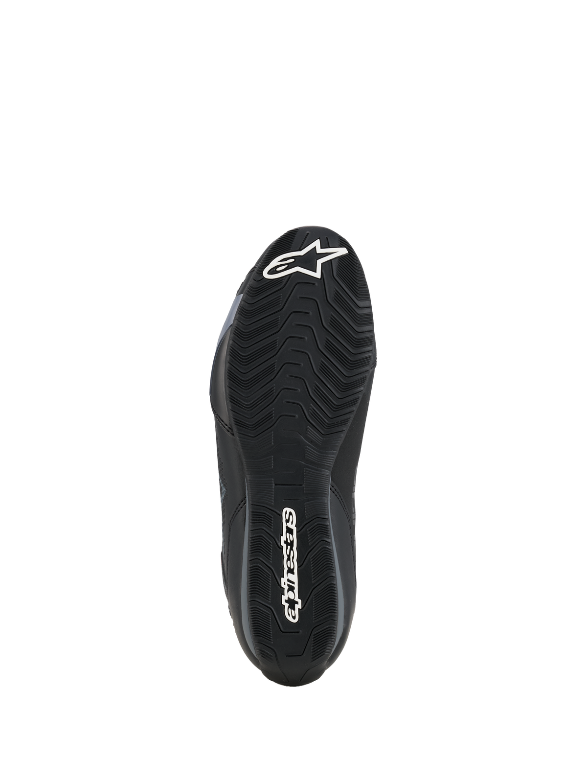 Alpinestars Celer skor, vy av sulans undersida, svart oljebeständig gummiblandning med texturerat vågigt greppmönster, vit Alpinestars-logotyp på tå och häl, utformad för grepp på motorcykelns fotpinnar