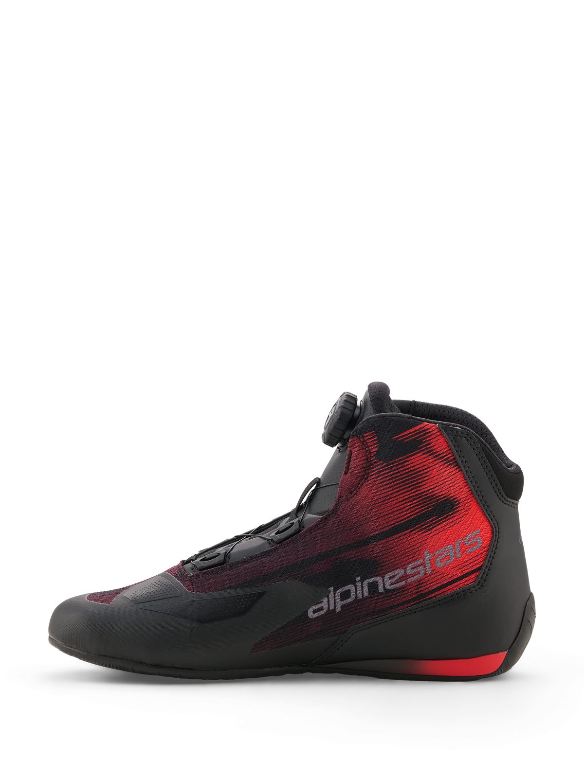 Alpinestars Celer Superair Shoes, Motorcycle Riding Shoes, Black and Bright Red, side profile view showing the Alpinestars Rotor Closure System dial, ventilated airflow textile upper, and striking red gradient graphic with Alpinestars wordmark