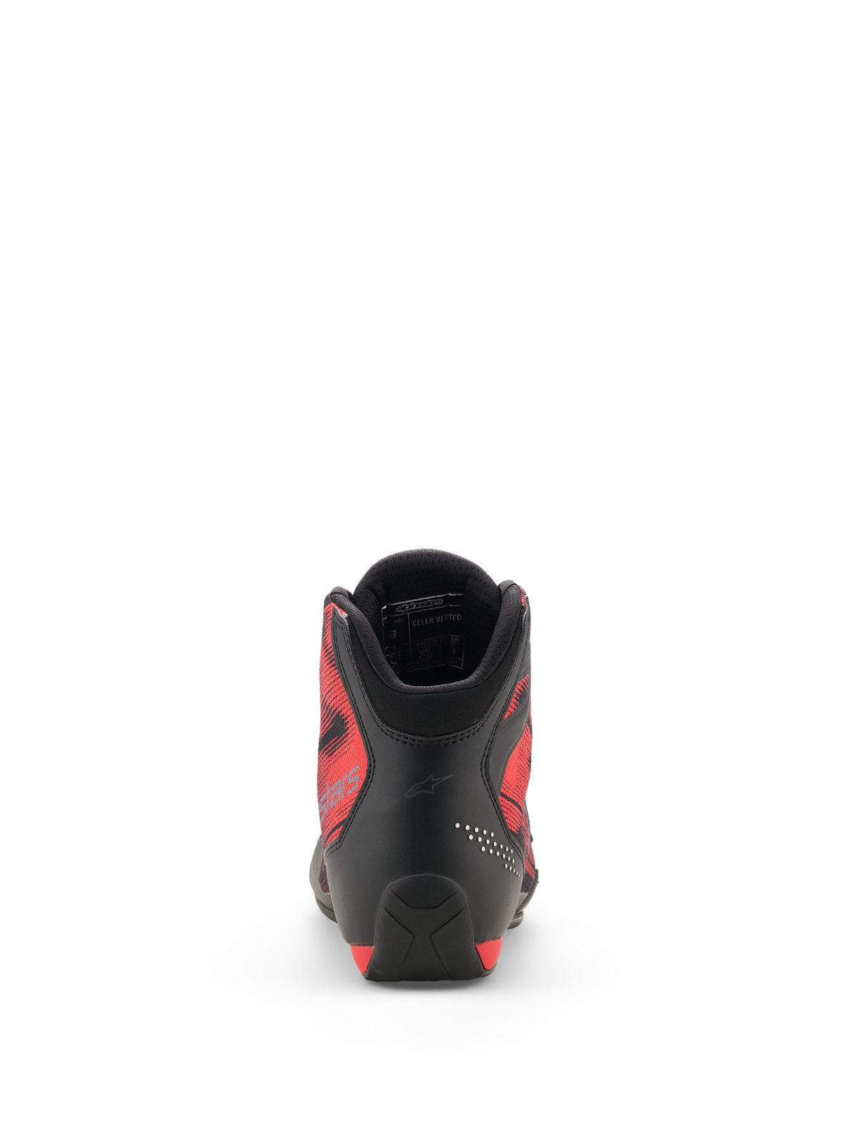Alpinestars Celer Superair Shoes, Rear View, Black and Bright Red, featuring reinforced microfiber heel, breathable red airflow textile side panels with graphic design, and cushioned collar with 3D mesh lining, sport motorcycle riding footwear
