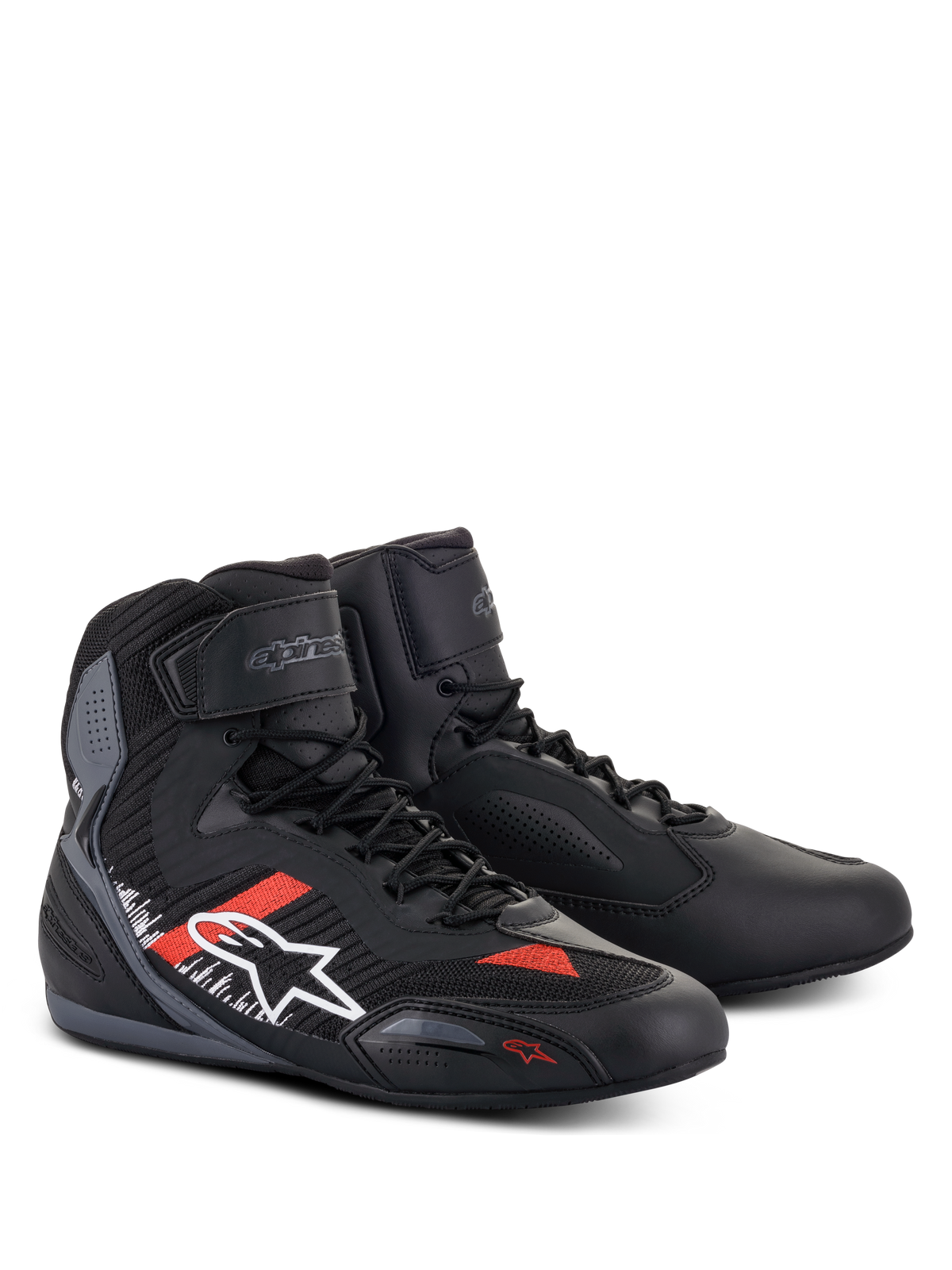 Alpinestars Faster-3 Rideknit® Shoes, Motorcycle Riding Shoes, Black Gray and Bright Red, featuring a microfiber and knitted textile upper, white Alpinestars logo on the side with red and white accents, lace-up closure with hook-and-loop ankle strap, and sleek road-racing design.
