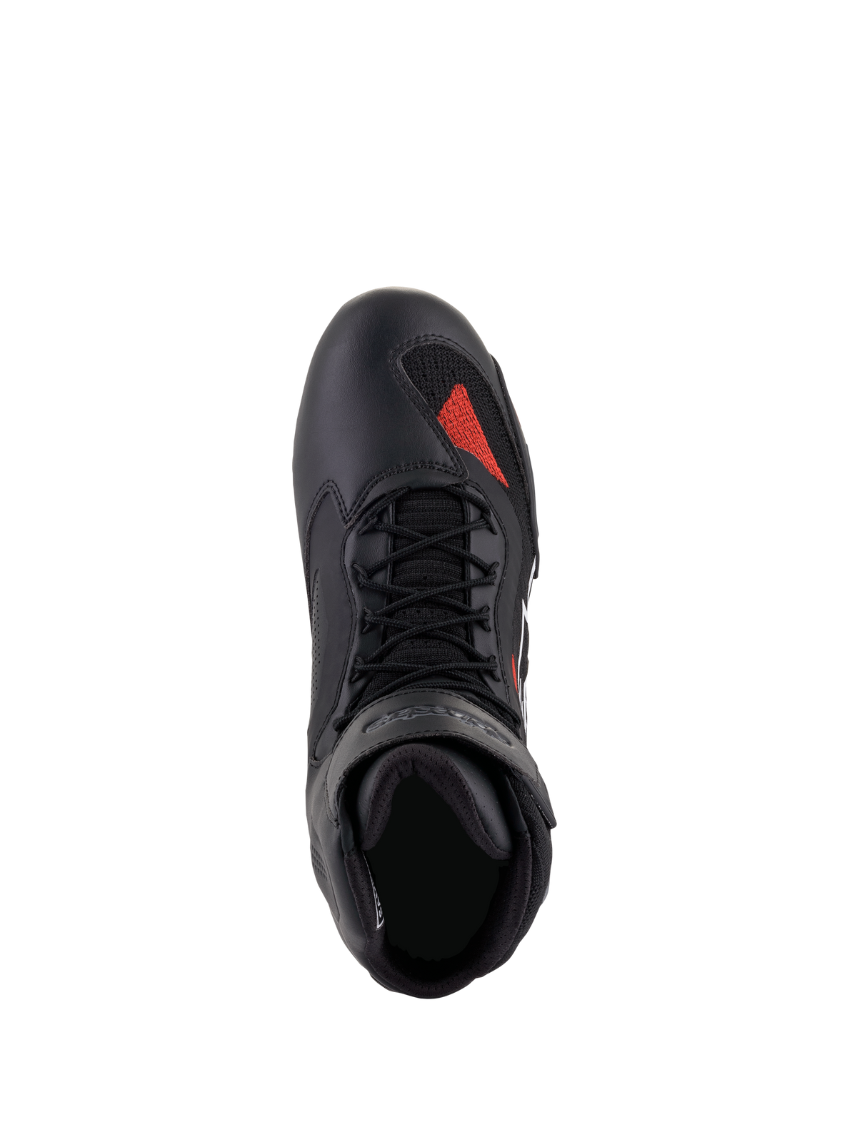 Alpinestars Faster-3 Rideknit® Shoes, Black Gray Bright Red, top-down view, featuring black microfiber chassis with a red knit accent on the toe, black laces, and padded collar, technical motorcycle riding footwear