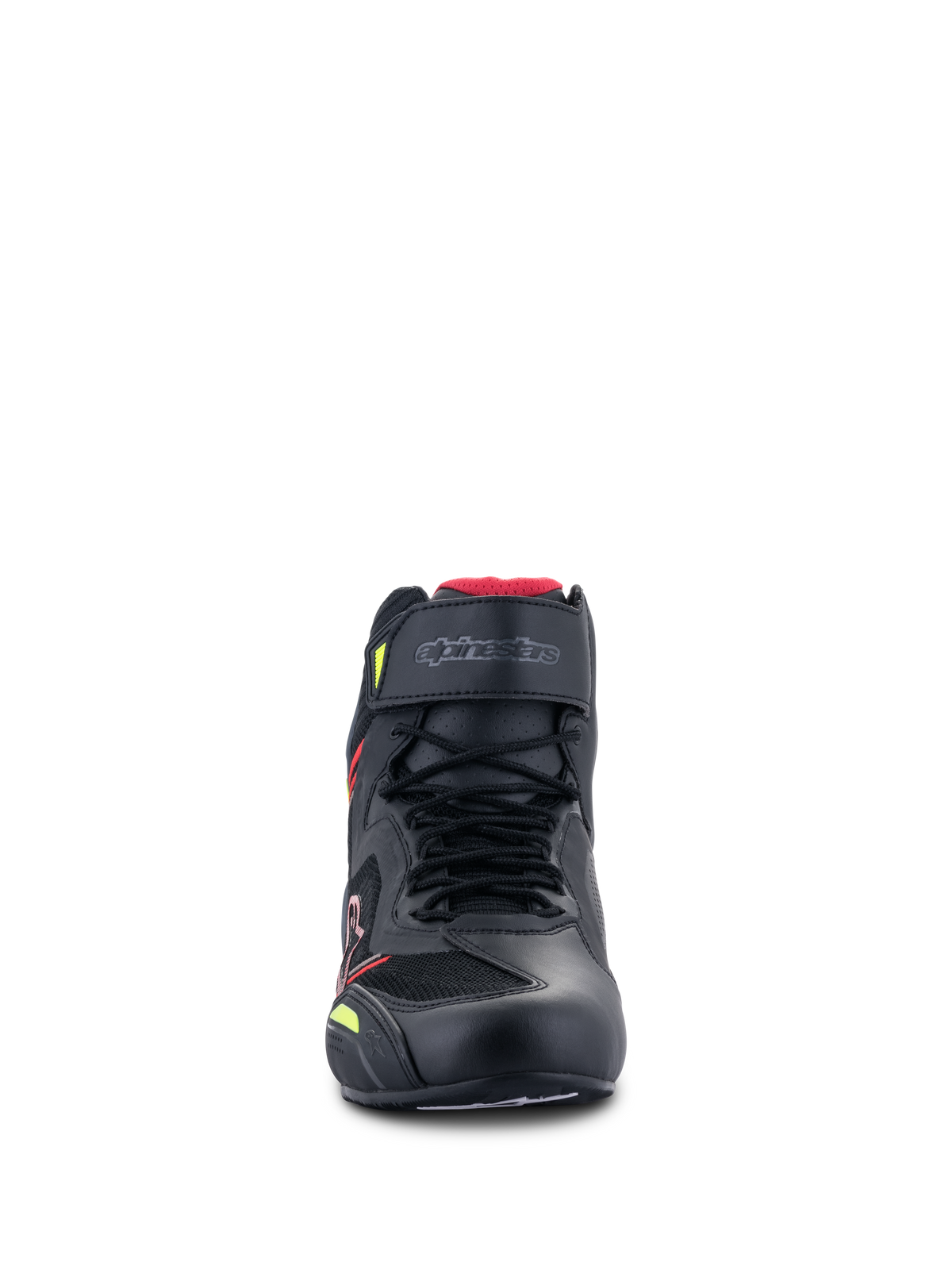 Alpinestars Faster-3 Rideknit® Shoes, Motorcycle Riding Shoes, Black with Red and Yellow Fluo accents, front view featuring laces, a velcro ankle strap, and breathable knit panels with red lining