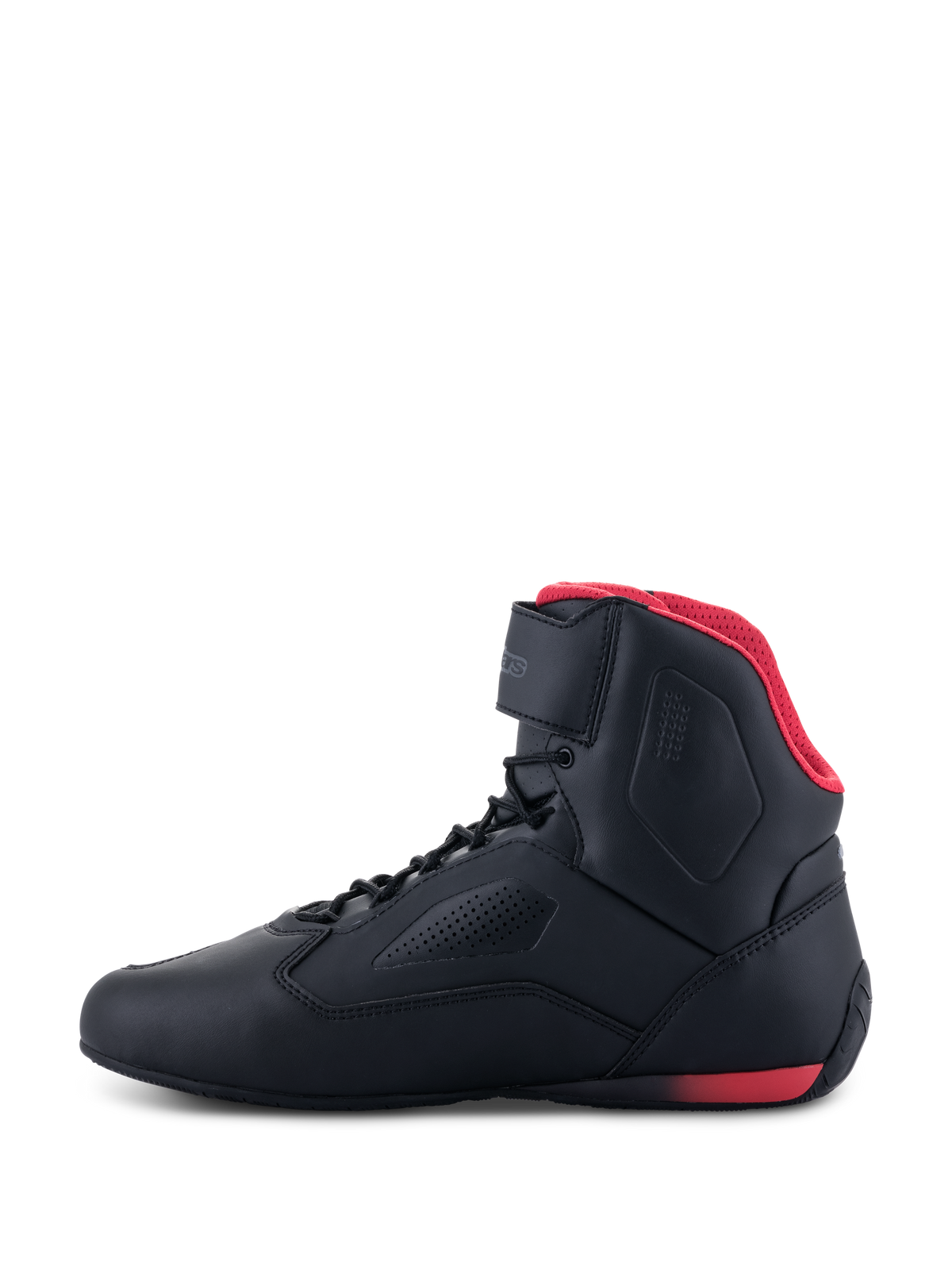 Alpinestars Faster-3 Rideknit® Shoes, Motorcycle Riding Shoes, Black and Red, side profile view, featuring red mesh lining, ankle strap, and perforated microfiber chassis