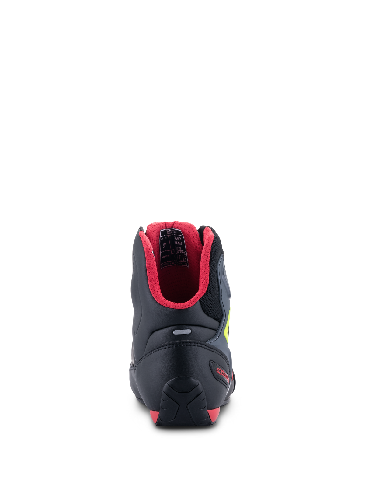Alpinestars Faster-3 Rideknit® Shoes, Rear View, Black with Red interior lining and Yellow Fluo accents, features a TPR heel counter and reflective strip, performance motorcycle riding shoes