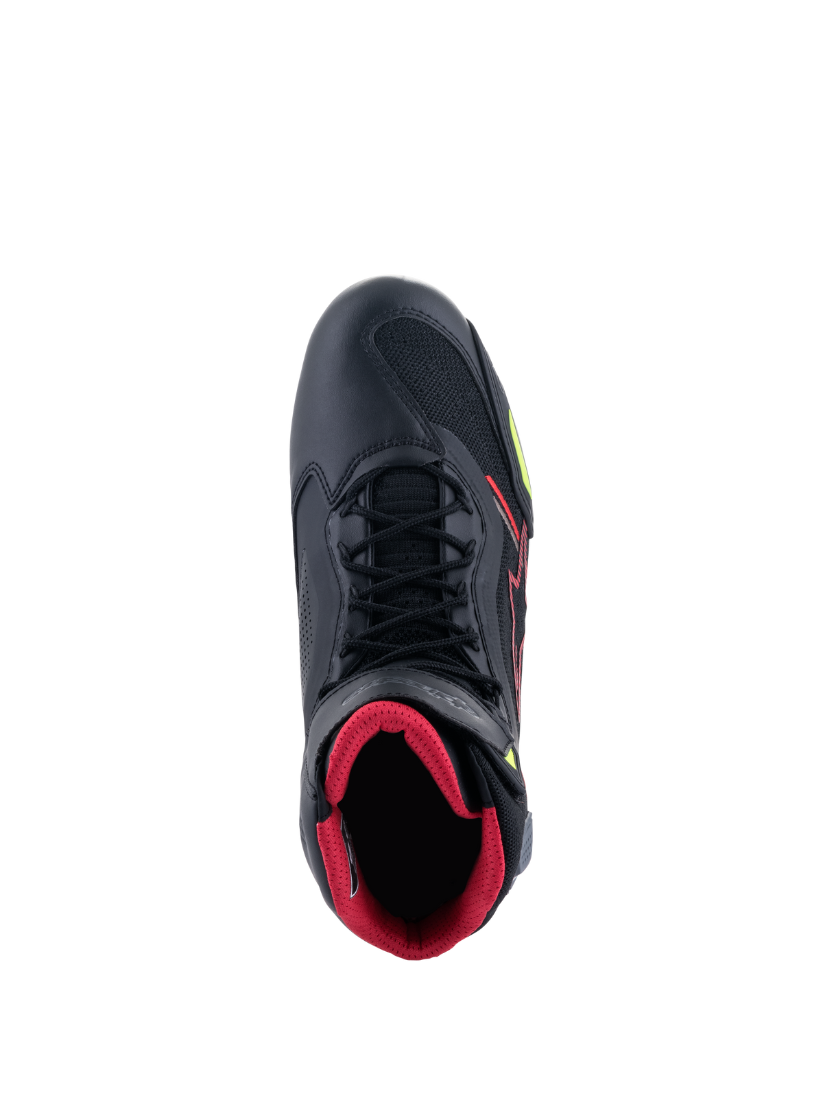 Alpinestars Faster-3 Rideknit® Shoes, top-down view of a black motorcycle riding shoe, featuring a red interior lining, black laces, breathable knit panels, and red and yellow fluo accents, lightweight sport riding footwear
