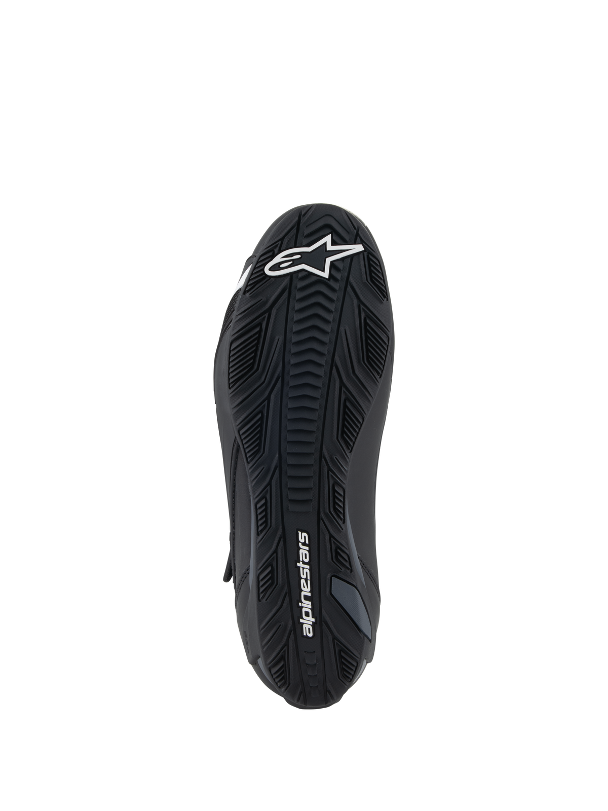 Alpinestars Faster-4-skor, svarta, vy underifrån av yttersulan i gummi med texturerat greppmönster, vit Alpinestars-logotyp på framfoten och branding på hälen, motorcykelsko för prestandakörning
