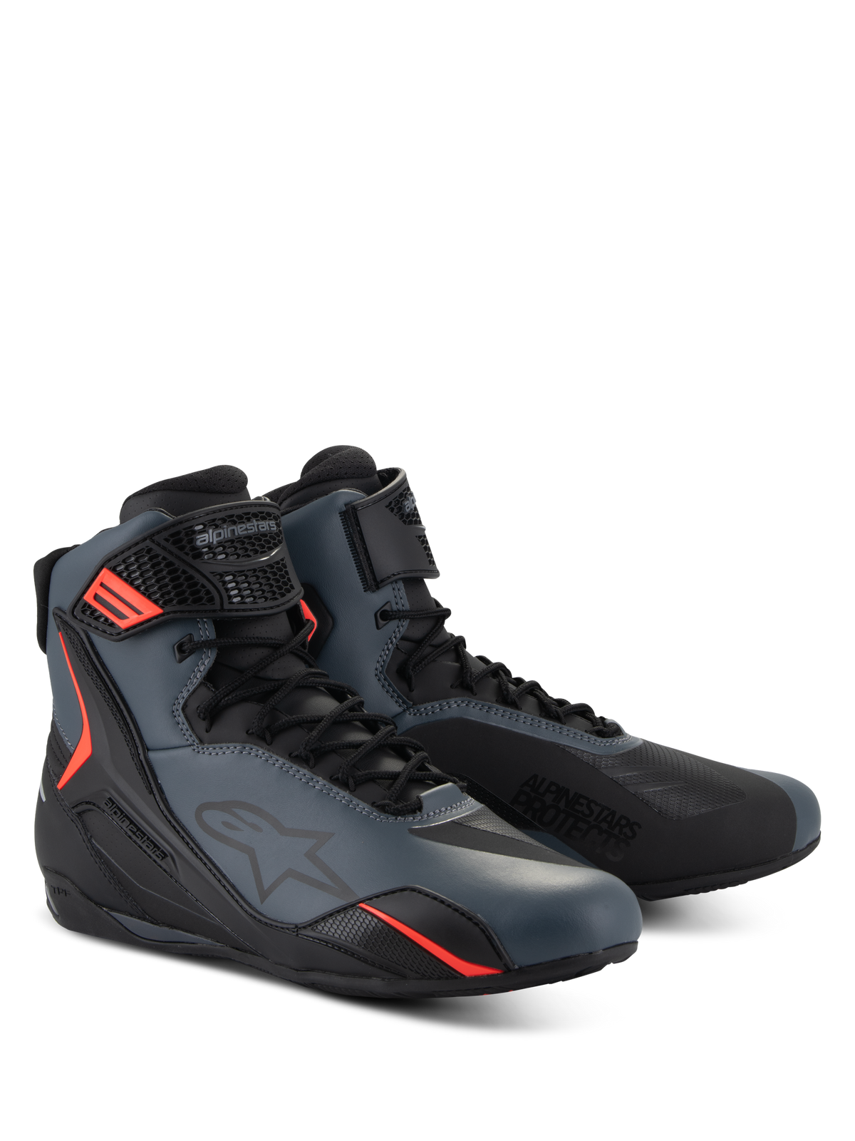 Alpinestars Faster-4-skor, motorcykelskor, svart, grå och röd fluo, sömlös ovandel i mikrofiber med skyddande TPU-paneler, snörning med kardborreband, sportig aerodynamisk profil för vägkörning
