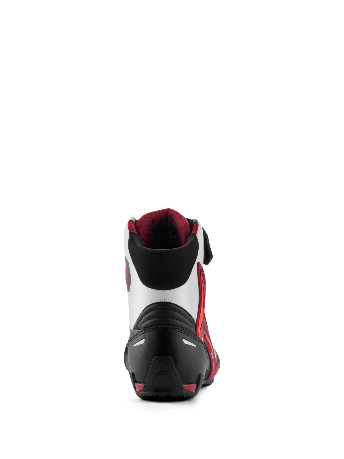 Alpinestars Faster-4 Shoes, Motorcycle Riding Shoes, Black White and Dark Red, Rear view featuring reinforced heel counter, TPU ankle support, and soft textile collar, performance footwear for road riding