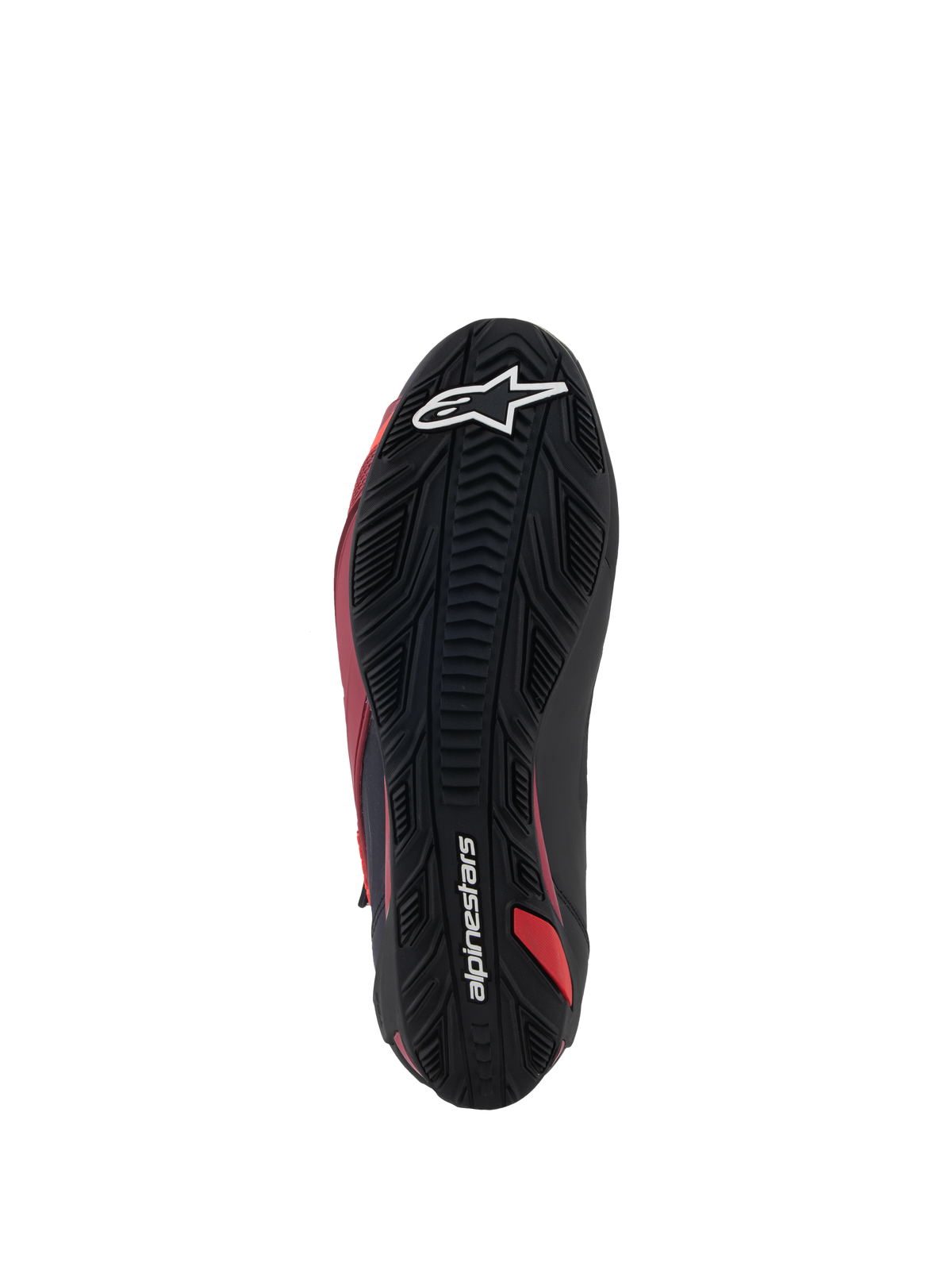 Alpinestars Faster-4 Shoes, Motorcycle Riding Shoes, Black White and Dark Red, bottom view of the textured rubber sole, featuring white star logo and Alpinestars wordmark, durable grip pattern for performance road riding