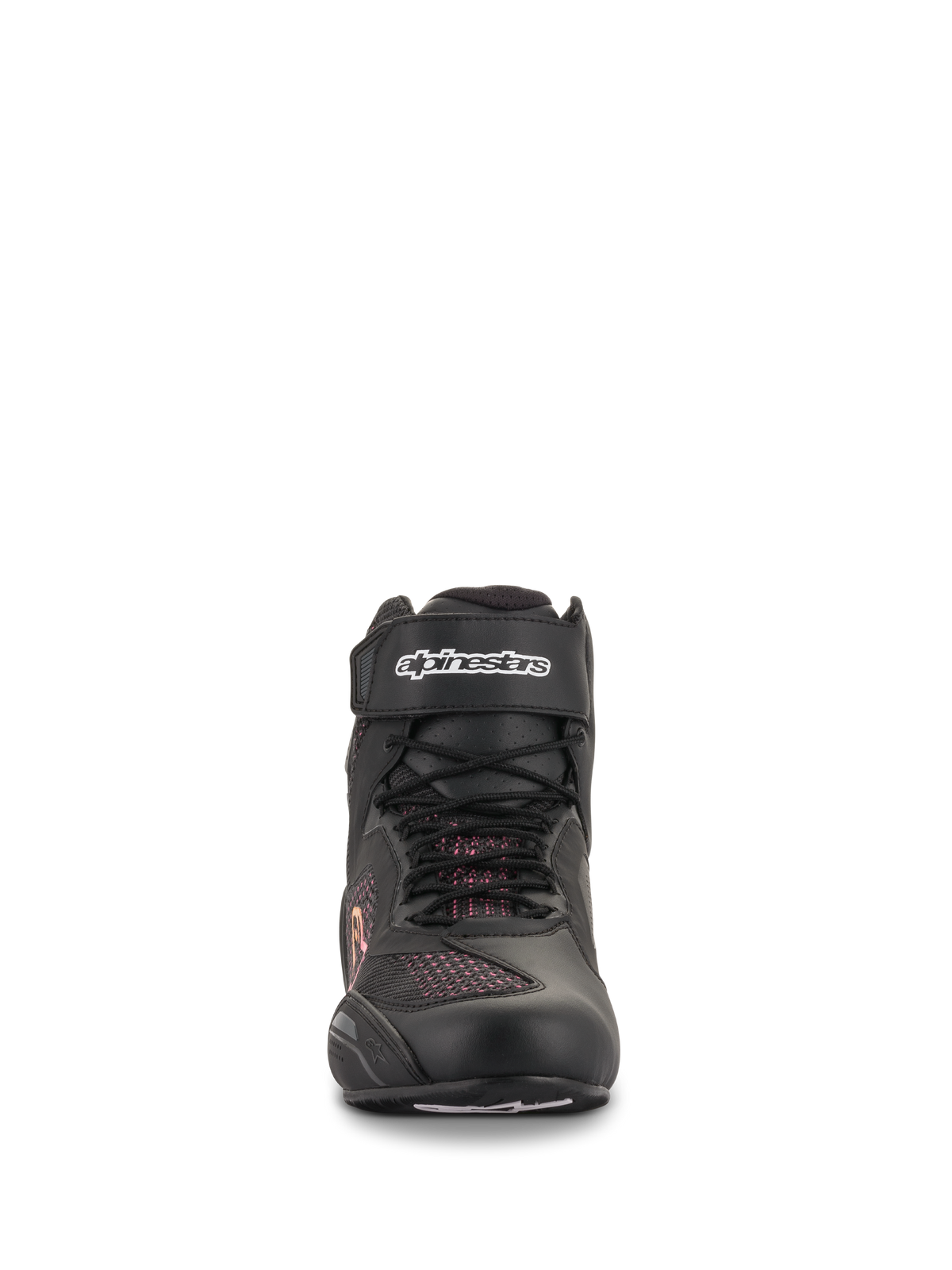 Alpinestars Stella Faster-3 Rideknit®-skor för dam, svarta med gula och rosa detaljer, vy framifrån som visar den sömlösa stickade konstruktionen, snörning och kardborreband vid ankeln med vit Alpinestars-logotyp, lätta motorcykelskor