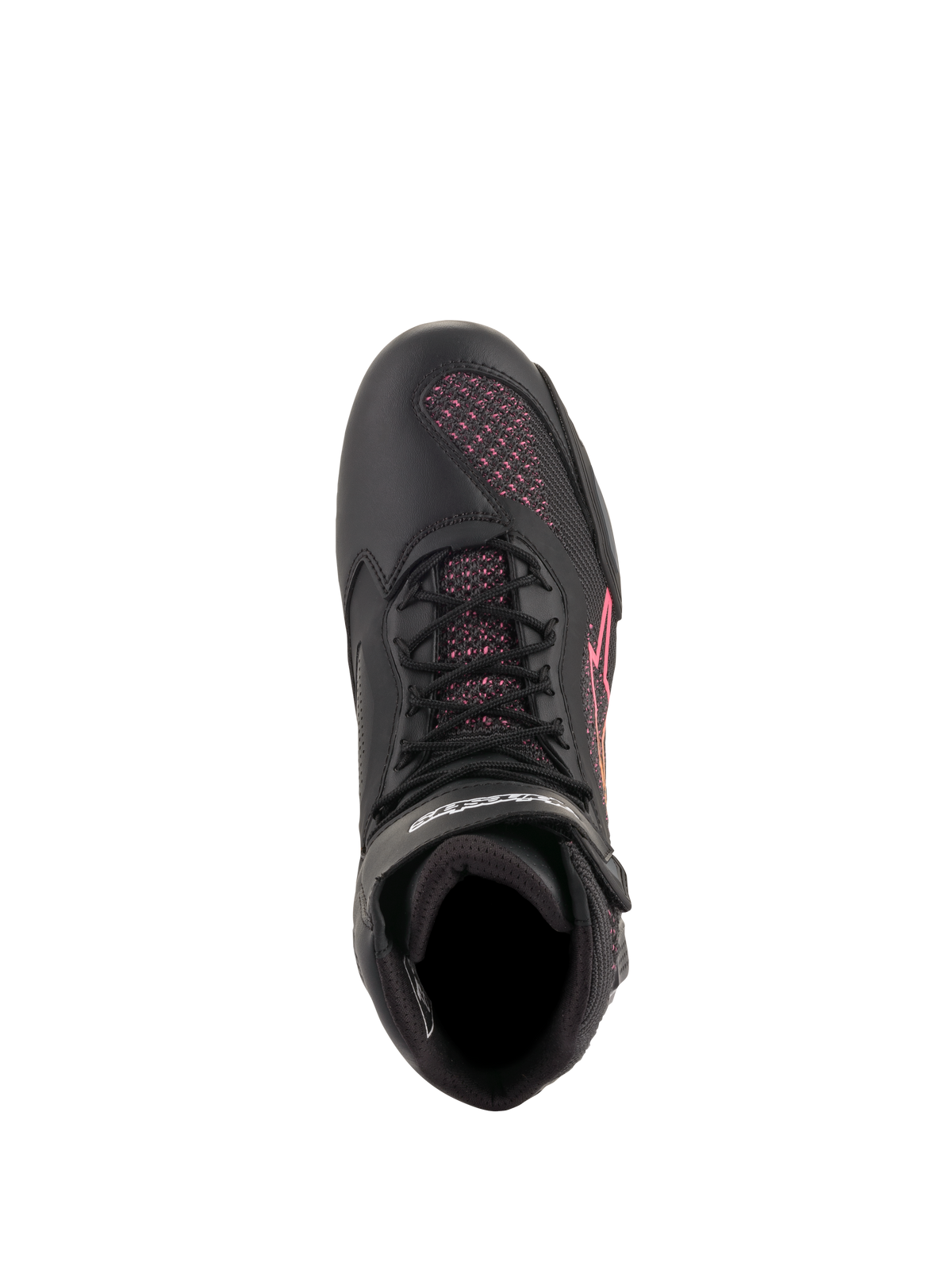 Alpinestars Stella Faster-3 Rideknit® damskor, motorcykelskor, svarta med gula och rosa detaljer, vy uppifrån som framhäver svarta skosnören och rosa stickade mesh-paneler, lätta och ventilerande sportskor