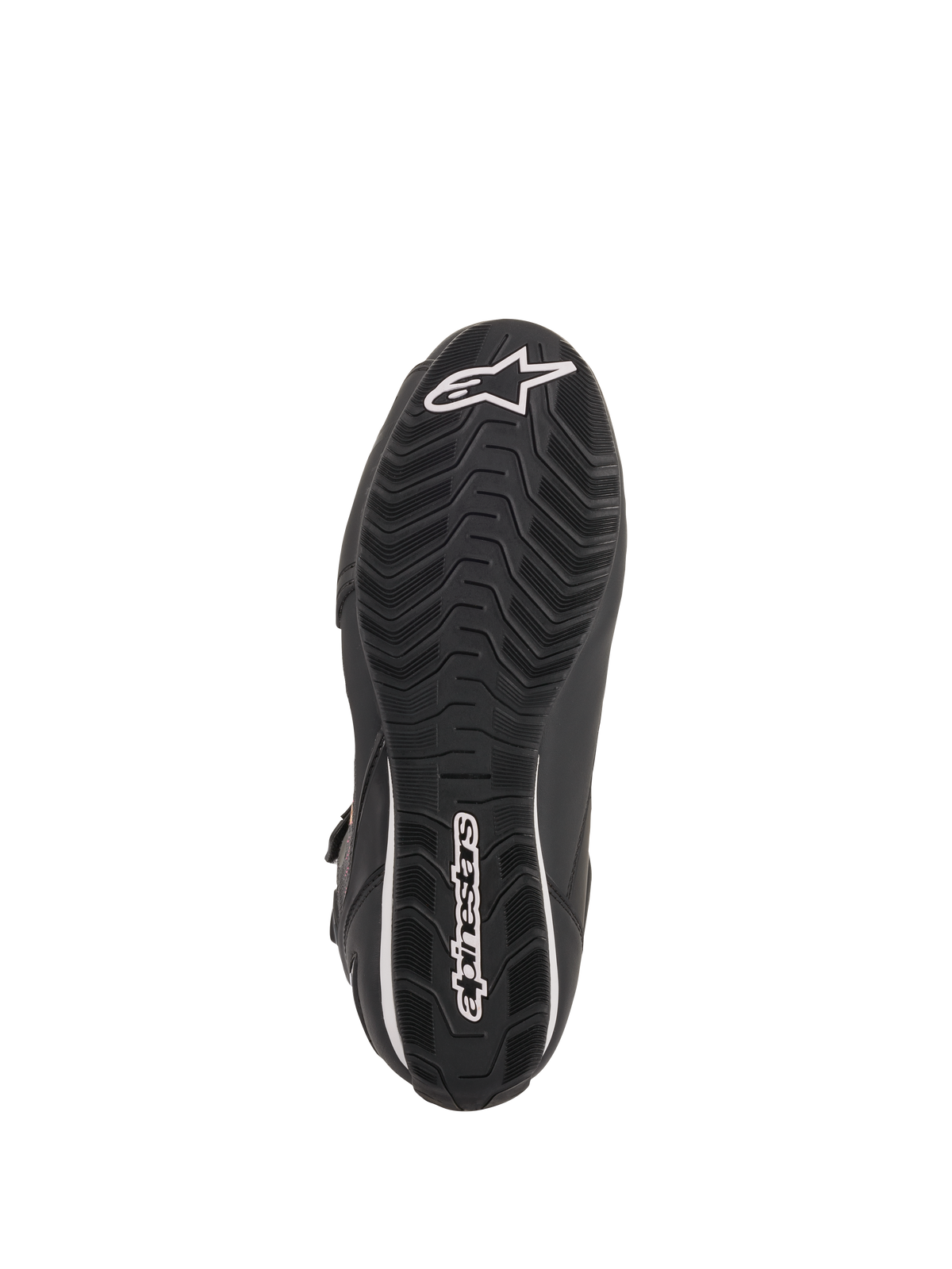 Alpinestars Stella Faster-3 Rideknit®-skor för dam, Svart Gul Rosa, vy av yttersulan med svart gummisula med vågformat mönster, vit Alpinestars-logotyp och textlogotyp, slitstark design för motorcykelkörning på väg