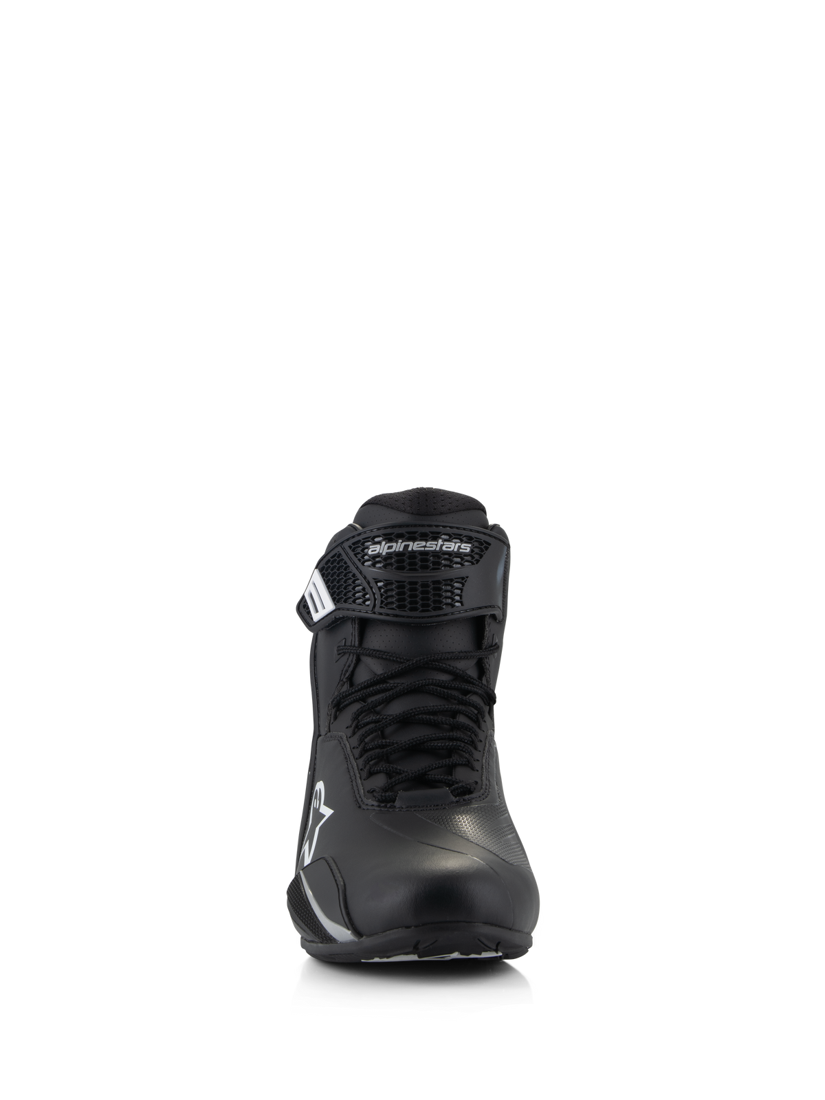 Alpinestars Stella Faster-4 Shoes, Women's Riding Shoes, Black, front view, featuring lace closure and adjustable hook-and-loop strap with Alpinestars logo, technical road riding footwear with lightweight microfiber construction