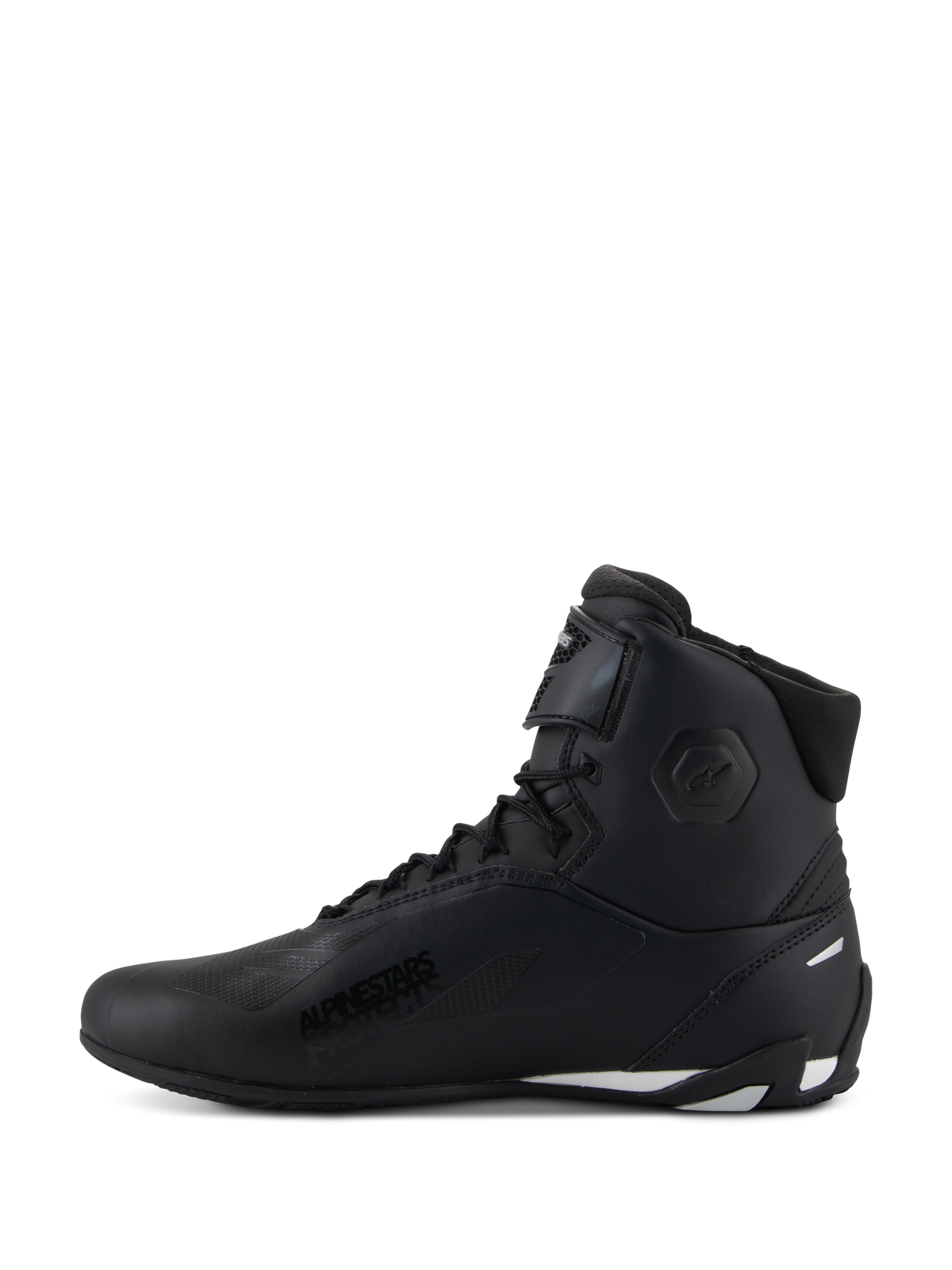 Alpinestars Stella Faster-4 Shoes, Women's Riding Shoes, Black with white accents, side profile view, high-top design featuring lace closure and adjustable ankle strap, protective motorcycle footwear