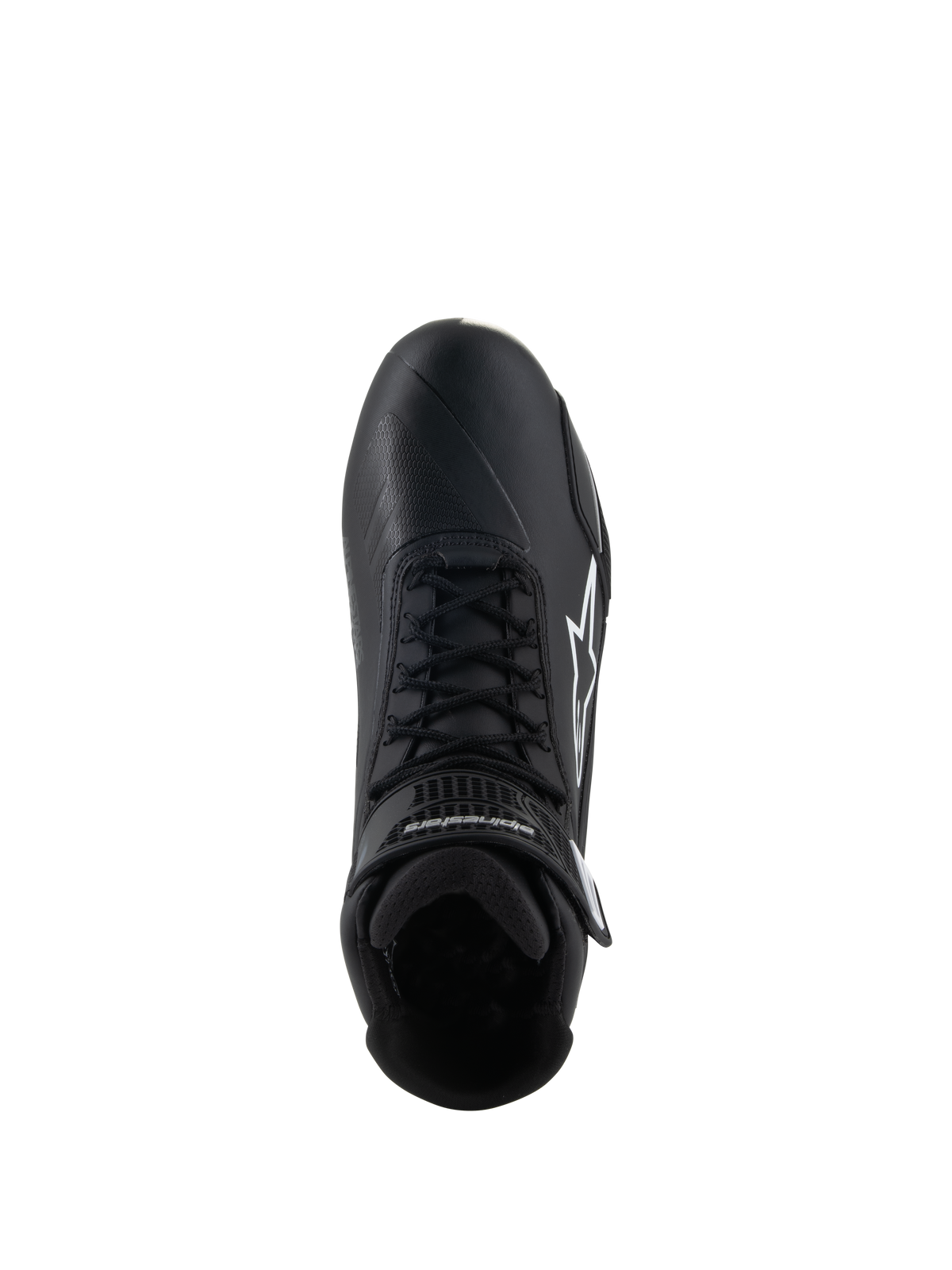 Alpinestars Stella Faster-4 Shoes, Women's Riding Shoes, Black, top-down view, featuring black laces, white Alpinestars star logo, and adjustable ankle strap, sleek microfiber design for road and sport riding