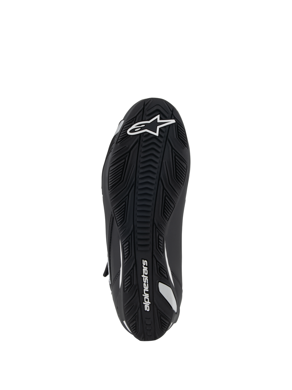 Alpinestars Stella Faster-4 Women's Riding Shoes, Bottom View, Black Rubber Sole with Textured Grip, White Alpinestars Logo and Branding, Ergonomic Design for Traction and Support