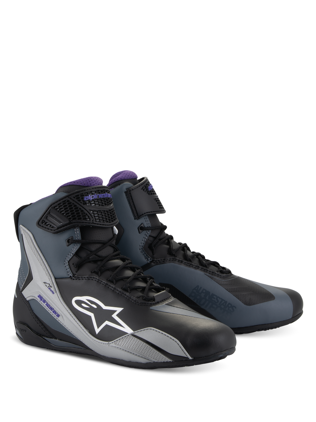 Alpinestars Stella Faster-4 dam-motorcykelstövlar, svarta, grå och violetta, teknisk hög modell med snörning och ankelrem.